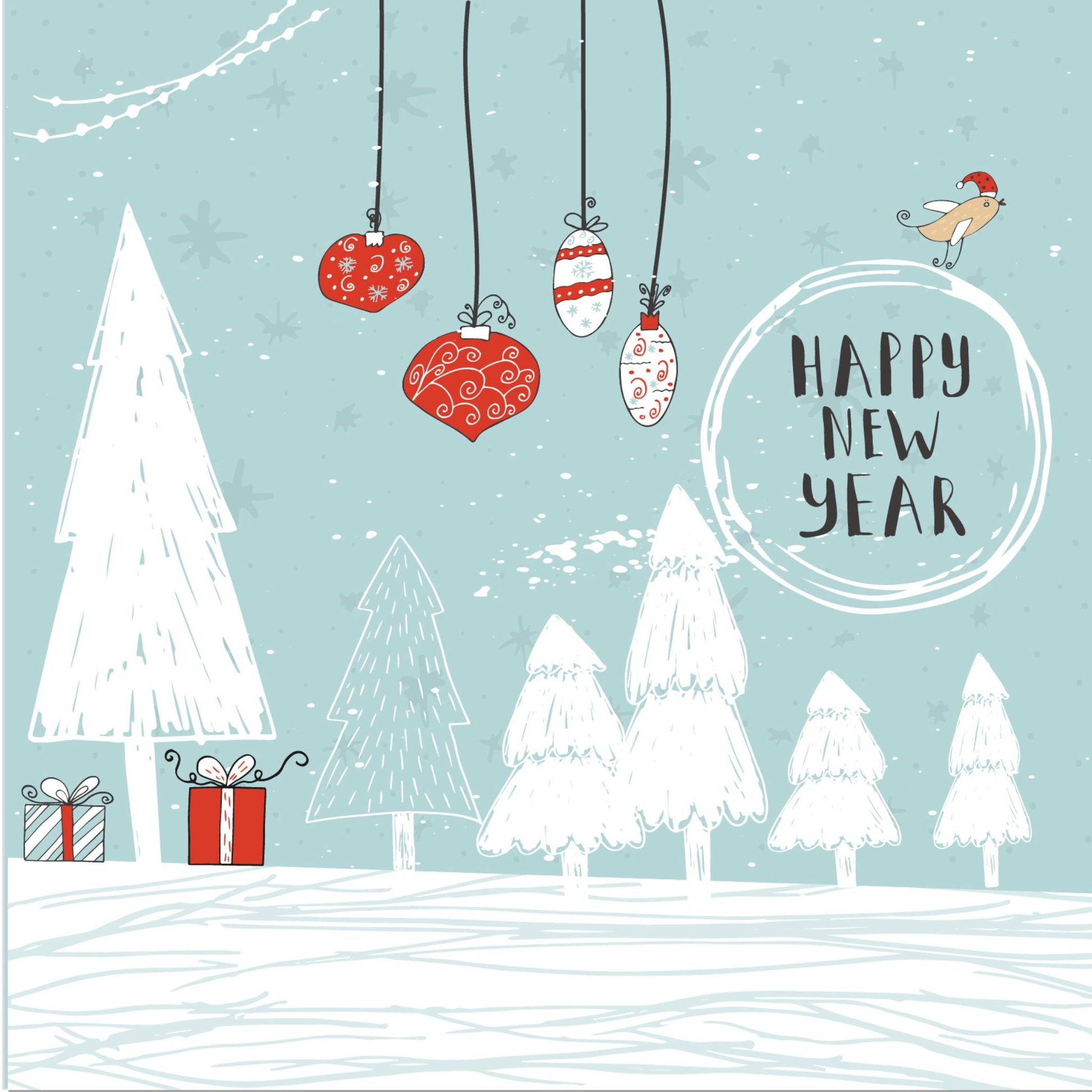 Håndtegnet cartoon julekort.  Motiv av flere trær, julepakker og julekuler. Det flyr en fugl med rød nisselue. Tekst "happy new year"