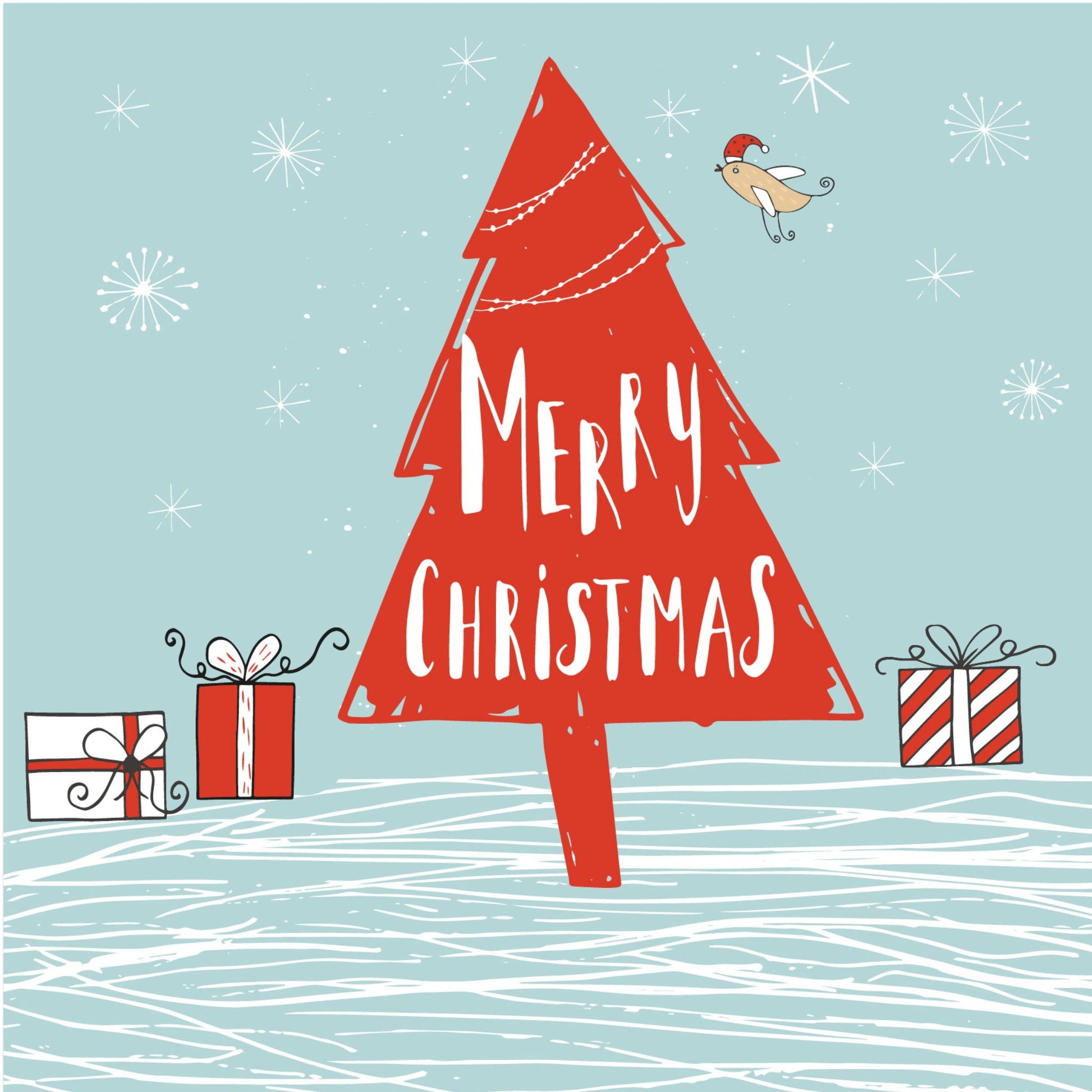 Håndtegnet cartoon julekort.  motiv Rødt juletre og julepakker. En fugl med rød isselue.Tekst "merry christmas"