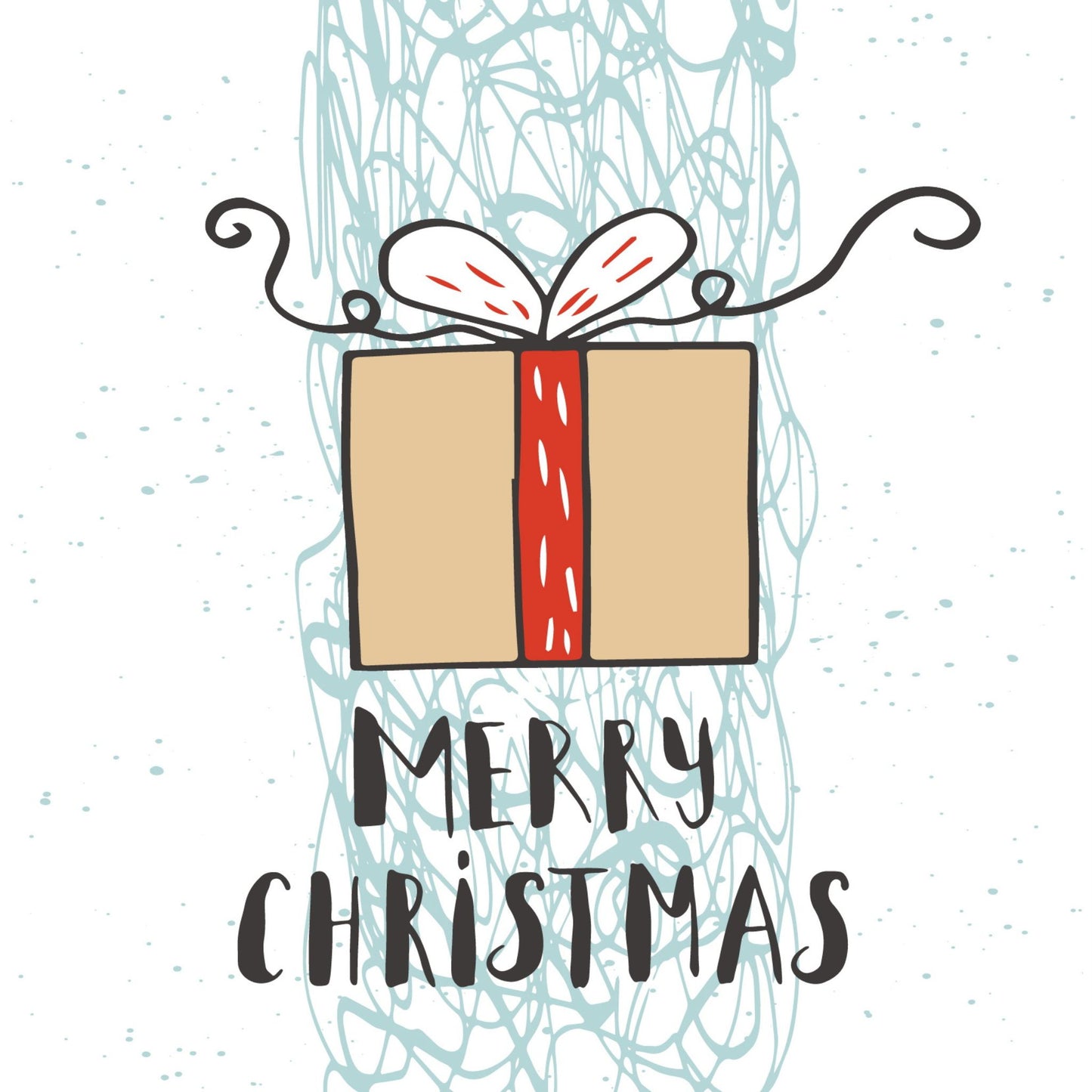 Håndtegnet cartoon julekort.  Motiv av julepakke med beige papir og rødt bånd. Tekst "merry christmas"