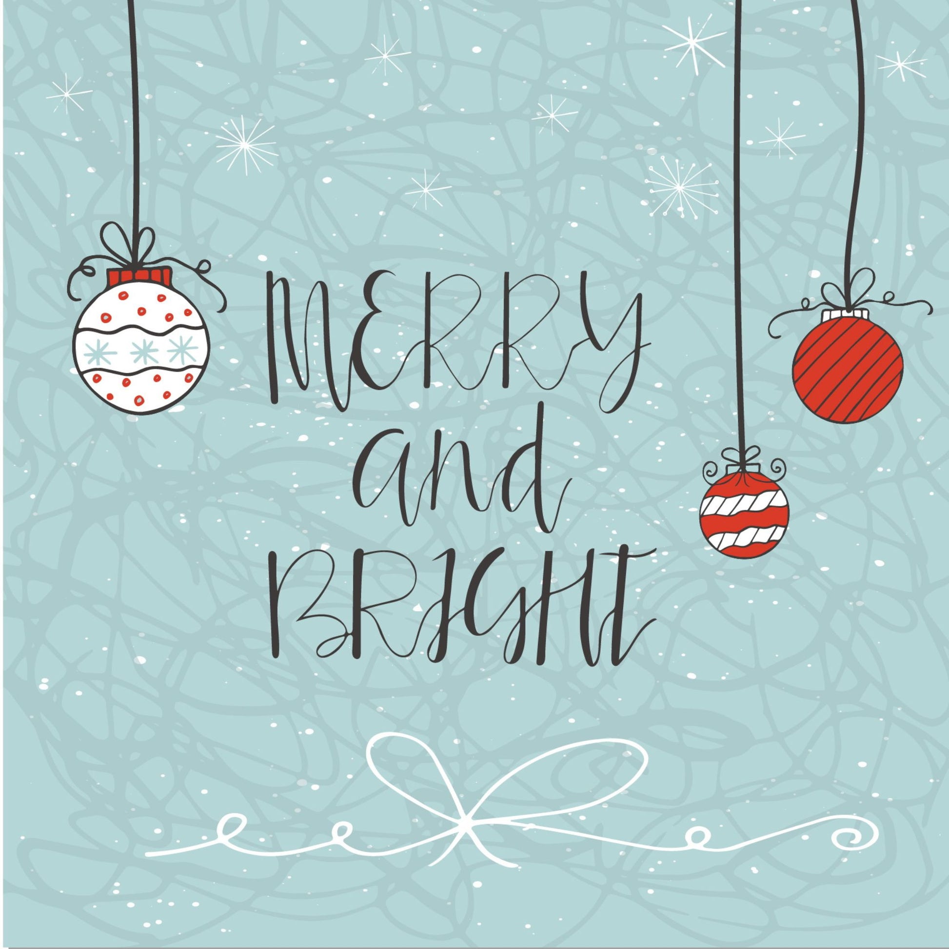 Håndtegnet cartoon julekort.  Motiv tre julekuler som henger i bånd. Tekst "merry and bright"