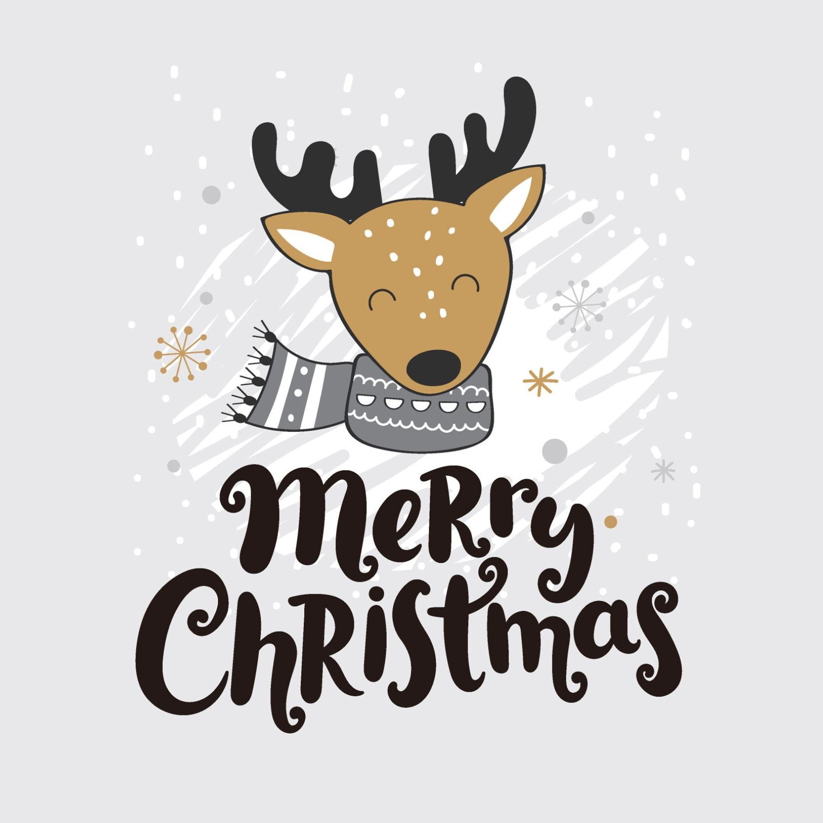 Søte julekort i håndtegnet cartoon. 10 pk. Fargemyanser i grå, sort, hvit og gull. motiv av Reinsdyr med skjerf. Tekst på kort "merry christmas"