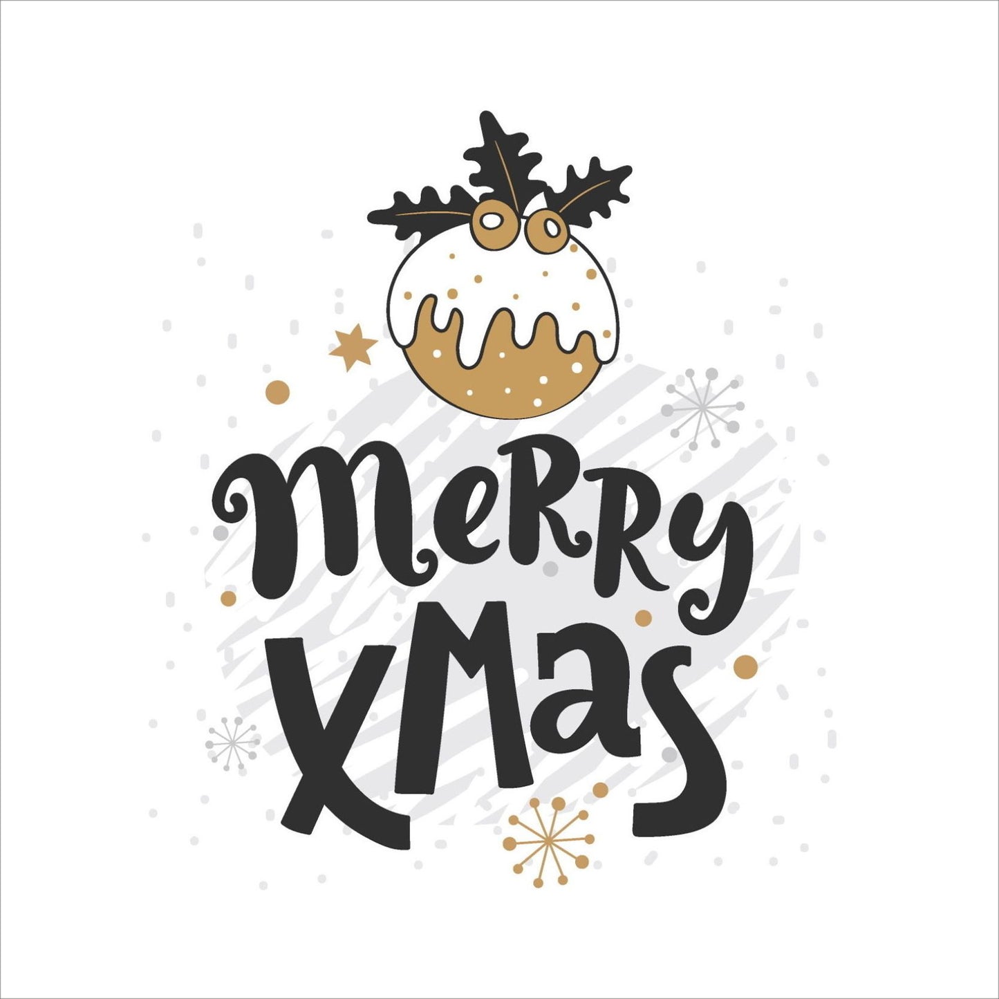Søte julekort i håndtegnet cartoon. 10 pk. Fargemyanser i grå, sort, hvit og gull. Motiv av julekule. Tekst på kort "merry christmas"
