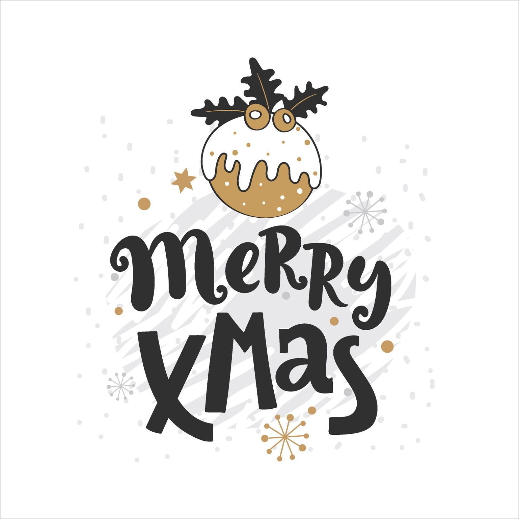 Søte julekort i håndtegnet cartoon. 10 pk. Fargemyanser i grå, sort, hvit og gull. Motiv av julekule. Tekst på kort "merry christmas"