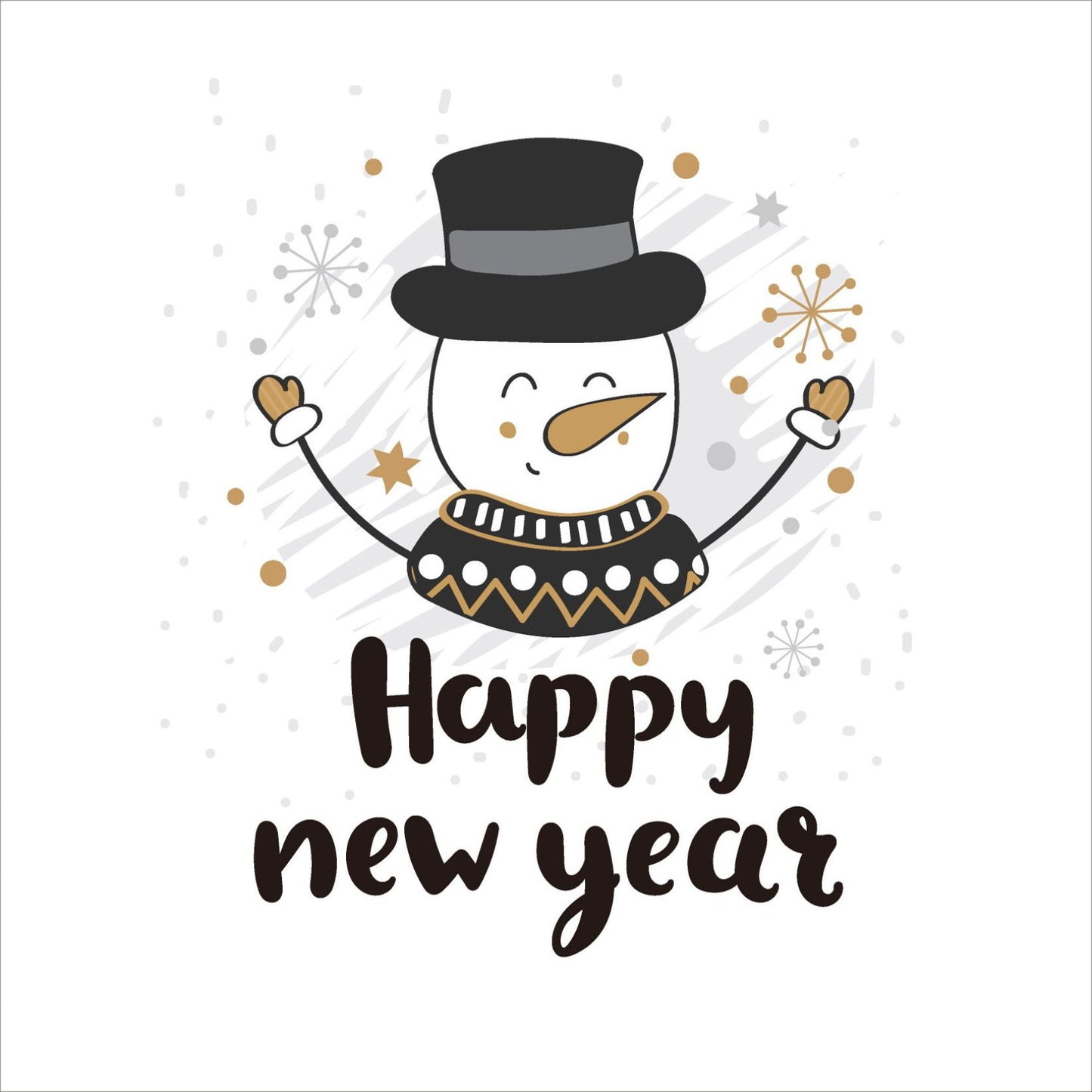 Søte julekort i håndtegnet cartoon. 10 pk. Fargemyanser i grå, sort, hvit og gull. Motiv av snømann med flosshatt. Tekst på kort "happy new year"