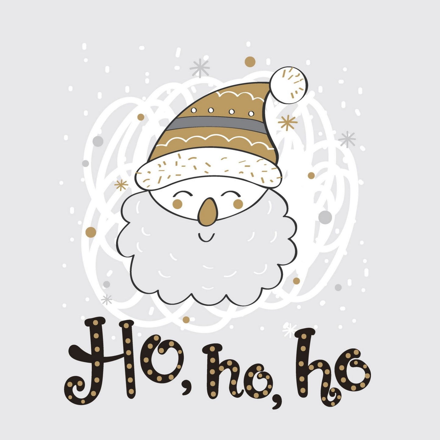 Søte julekort i håndtegnet cartoon. 10 pk. Fargemyanser i grå, sort, hvit og gull. motiv av en blid julenisse. Tekst på kort "ho, ho, ho"