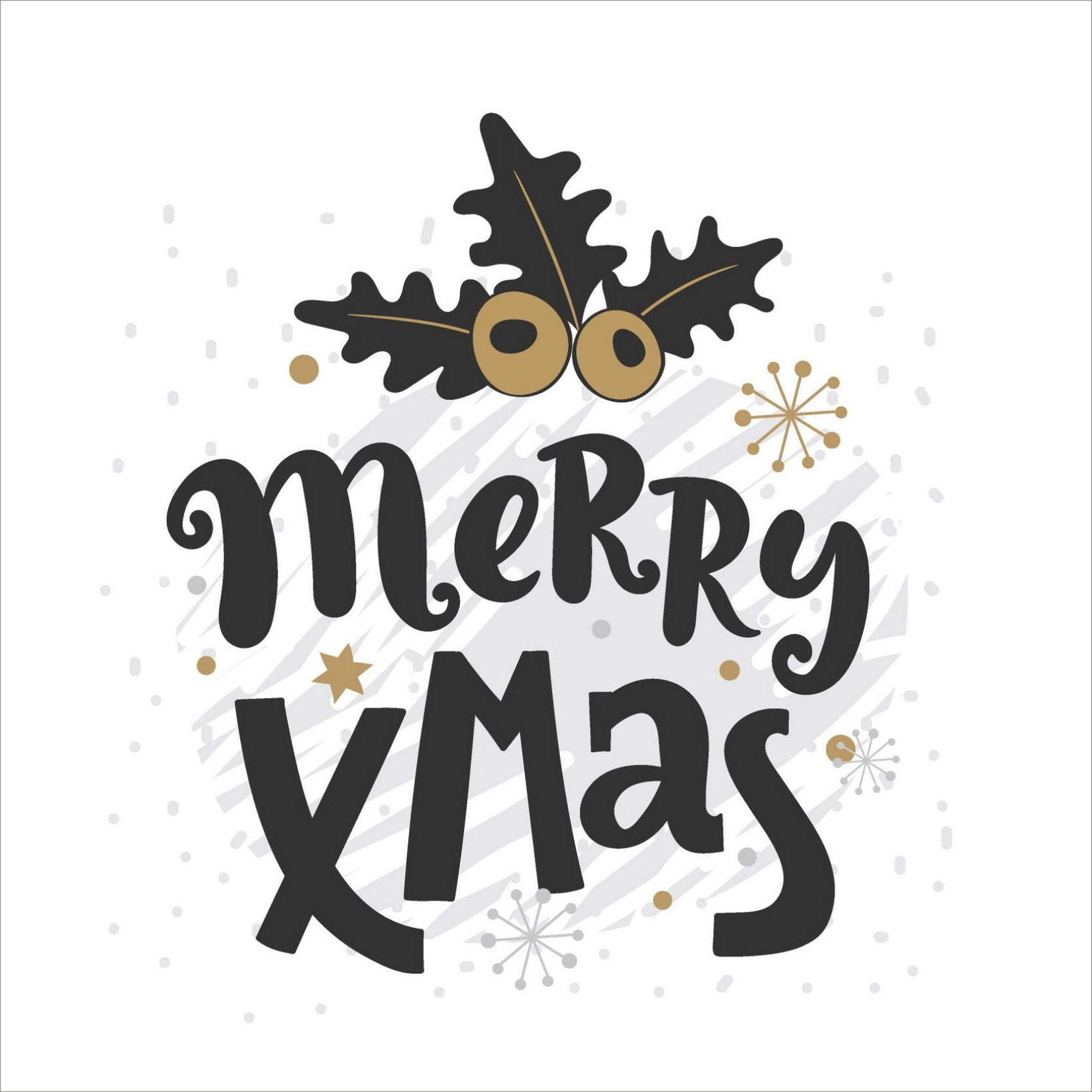 Søte julekort i håndtegnet cartoon. 10 pk. Fargemyanser i grå, sort, hvit og gull.  Nmotiv av laurbær. Tekst på kort "merry xmas"