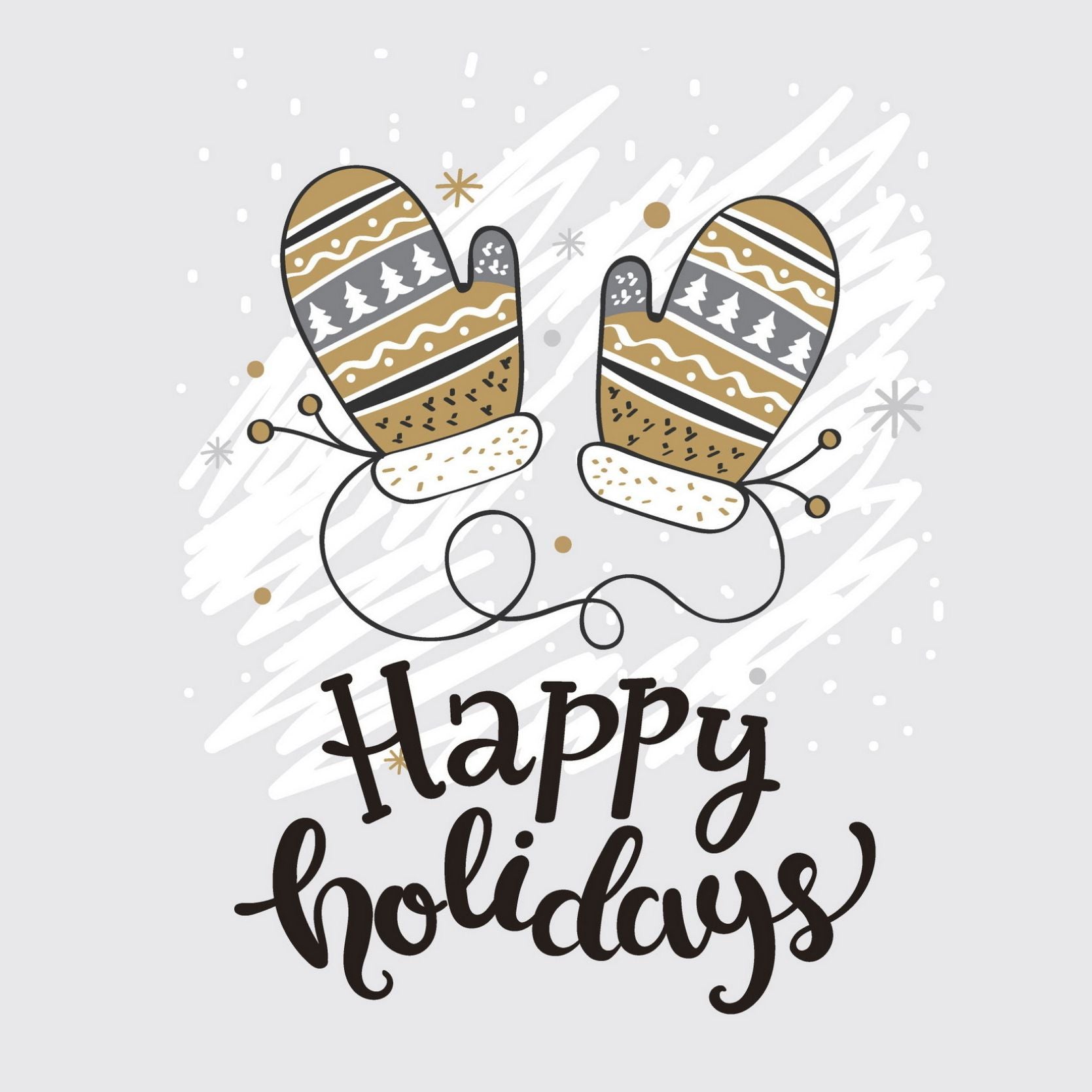 Søte julekort i håndtegnet cartoon. 10 pk. Fargemyanser i grå, sort, hvit og gull. Motiv av et par votter. Tekst på kort "happy holidays"