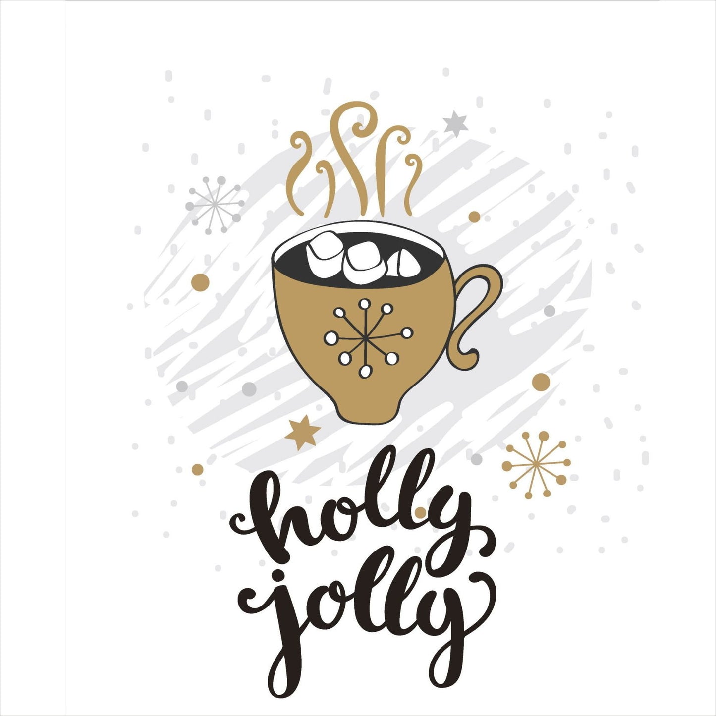 Søte julekort i håndtegnet cartoon. 10 pk. Fargemyanser i grå, sort, hvit og gull. Motiv av en kopp med varm sjokolade og marshmallows Tekst på kort "holly jolly"