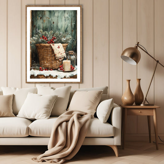 Dette motivet viser en sjarmerende kurv fylt med julepynt, omgitt av vintergrønt og snø – et nydelig tilskudd til ethvert rom i juletiden. Illustrasjon viser motivet som plakat med hvit kant i lys ramme.