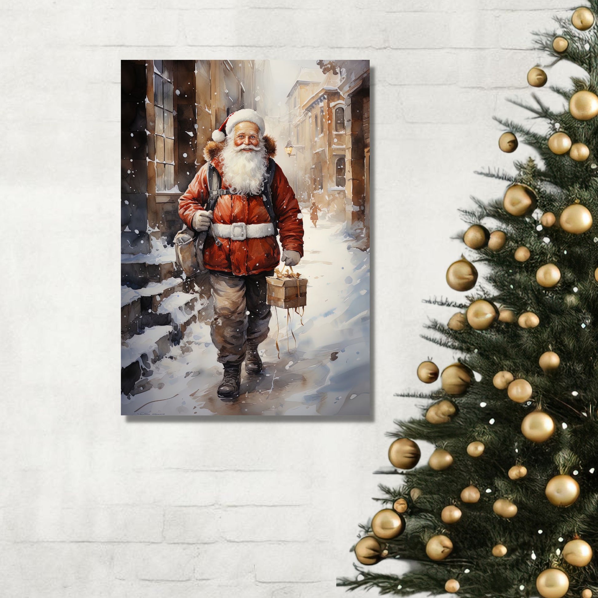 Grafisk motiv av julenisse som går på en snøkledd gate i en by. Nissen bærer med seg en julepakke og har en ryggsekk slengt over den ene skulderen. Han er kledd i en brun bukse, og har en rød jakke med hvitt belte rundt livet. Han har langt, hvitt skjegg, og på hodet har han en rød nisselue med hvit pelskant. Her henger motivet på veggen på lerret.