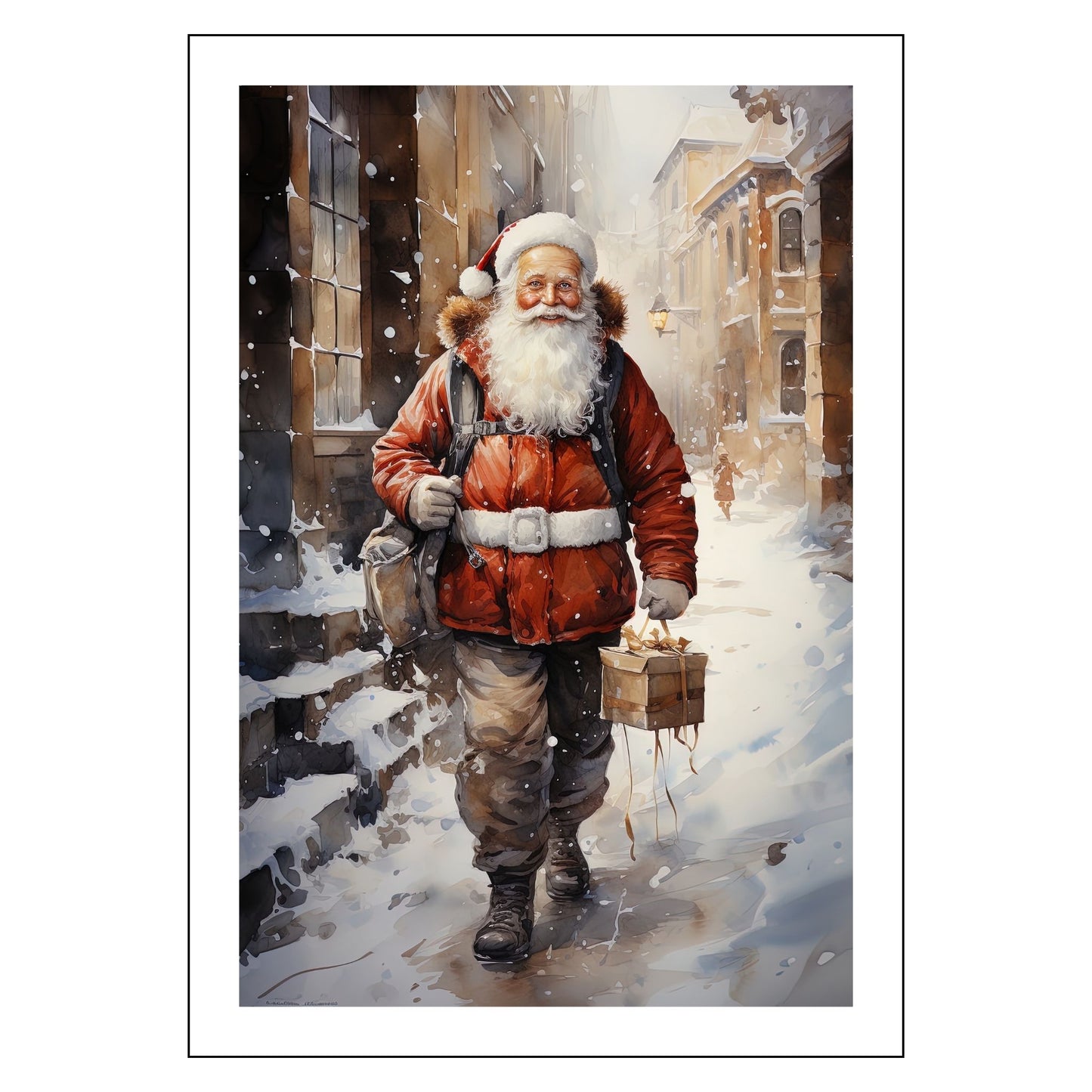 Grafisk motiv av julenisse som går på en snøkledd gate i en by. Nissen bærer med seg en julepakke og har en ryggsekk slengt over den ene skulderen. Han er kledd i en brun bukse, og har en rød jakke med hvitt belte rundt livet. Han har langt, hvitt skjegg, og på hodet har han en rød nisselue med hvit pelskant. Motivet fås som plakat og på lerret.