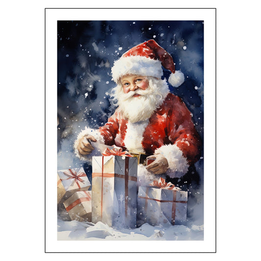 Grafisk motiv av julenisse som kommer med julegaver. Han er kledd i røde nisseklær. Han har langt, hvitt skjegg, og på hodet har han en rød nisselue med hvit pelskant. Motivet fås som plakat og på lerret.