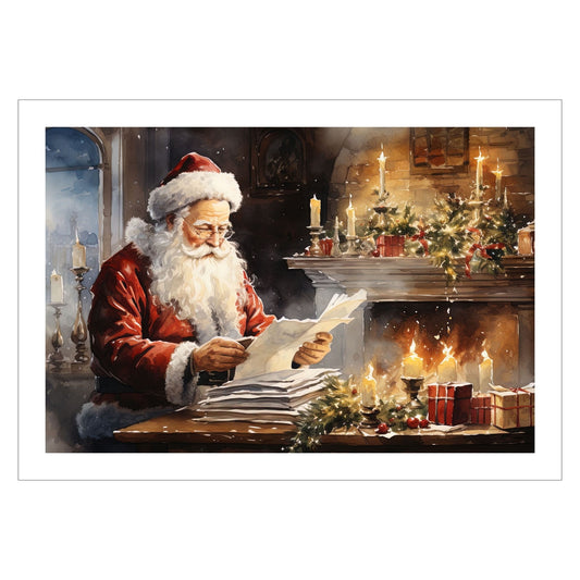 Grafisk motiv av julenisse som leser brev med julegaveønsker. Han sitter ved et bord ved siden av peisen, og det står mange stearinlys og brenner rundt omkring. På bordet ligger det julepakker og julepynt. Han er kledd i rød nissejakke, har langt, hvitt skjegg, og på hodet har han en rød nisselue med hvit pelskant. Motivet fås som plakat og på lerret.