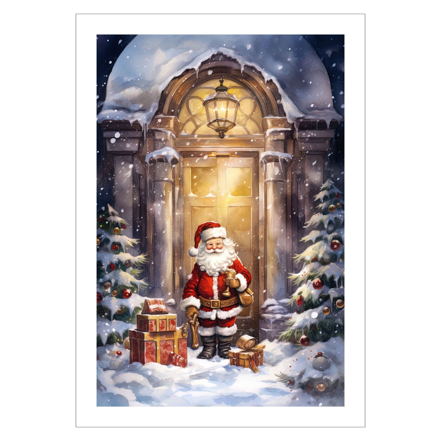 Grafisk motiv av julenisse som kommer med julepakker. Han står utenfor en dør, og ute er det snø og pyntede juletrær. Han er kledd i rød nissedrakt, har langt, hvitt skjegg, og på hodet har han en rød nisselue med hvit pelskant. Motivet fås som plakat og på lerret.