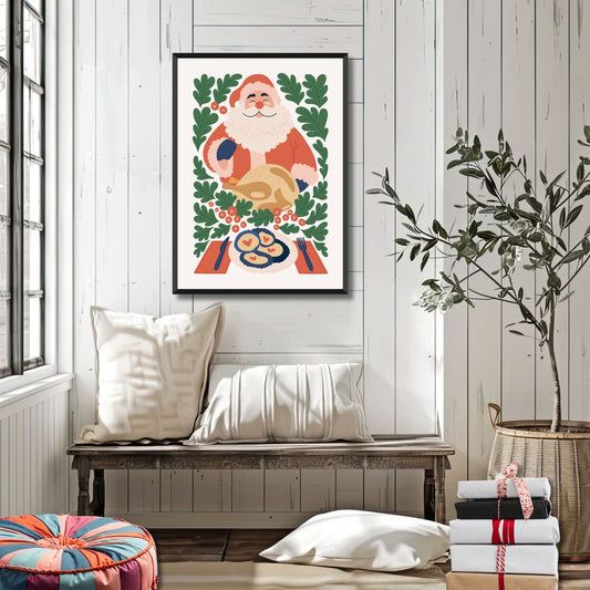 "Julenisse med Julemiddag" er en sjarmerende plakat som feirer en av julens mest kjente tradisjoner – julemiddagen. Illustrasjonsfoto viser plakati sort ramme.