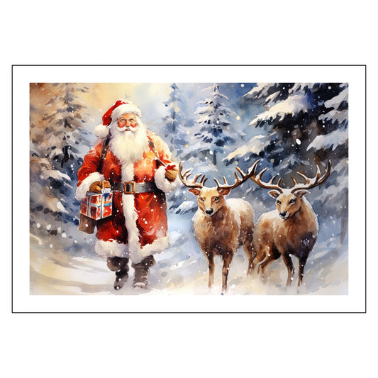 Julenisse med sine to reinsdyr inne i en snøkledd skog. Nissen bærer med seg en julepakke. Det daler ned julesnø. Motivet fås som plakat og på lerret.