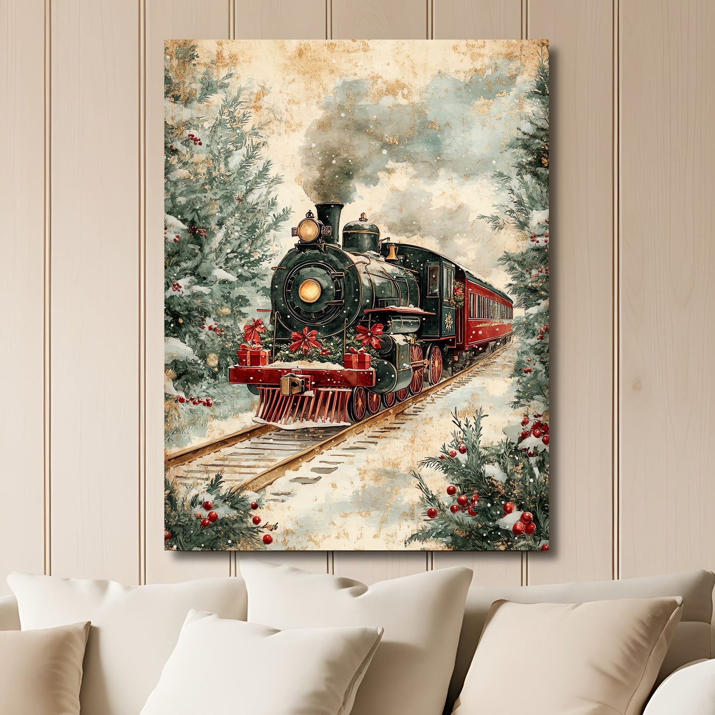 Dette motivet skildrer et rødt tog omgitt av vinterlandskap og julepynt, perfekt for å skape en nostalgisk og festlig stemning i hjemmet.Illustrasjon viser motivet som plakat med hvit kant i lys ramme