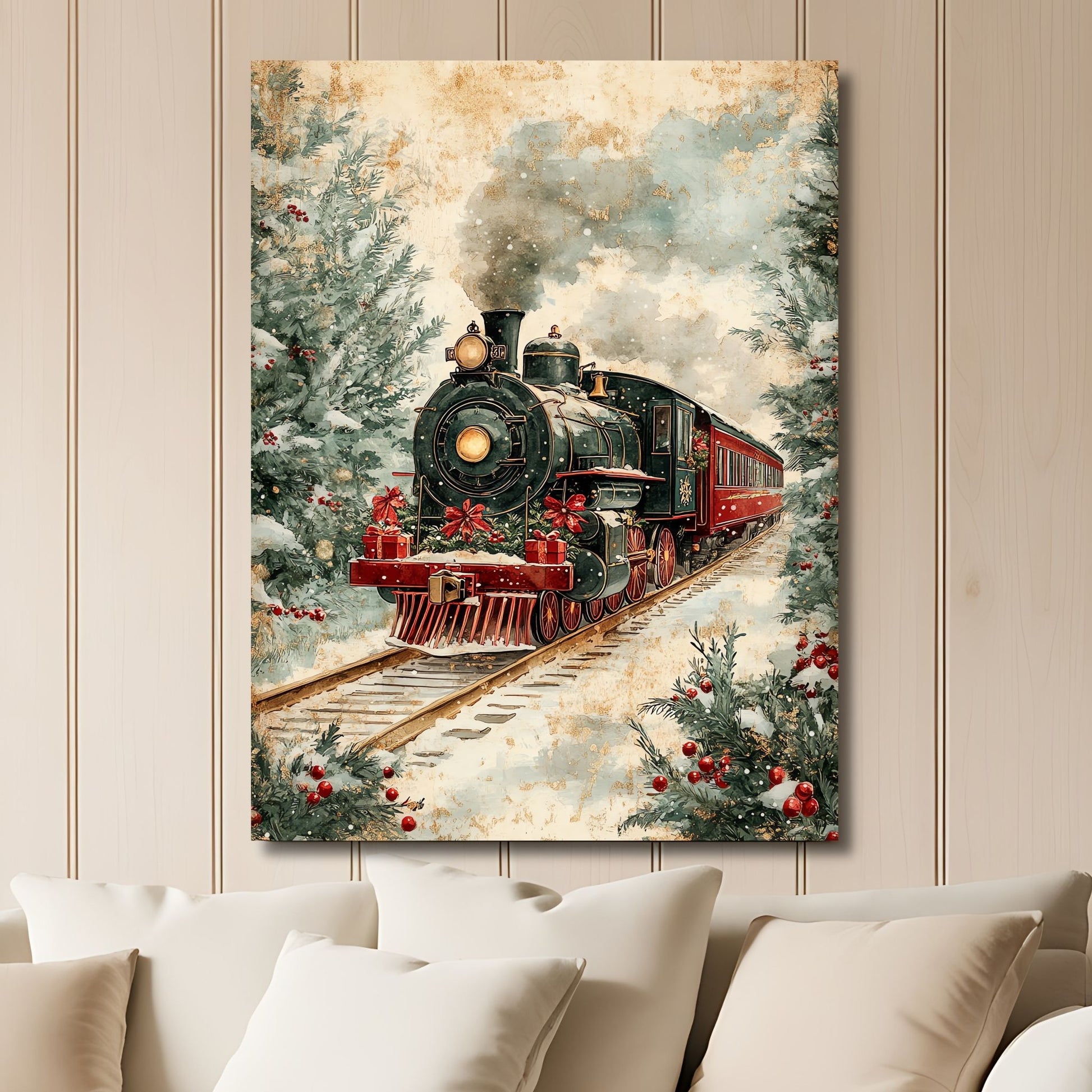 Dette motivet skildrer et rødt tog omgitt av vinterlandskap og julepynt, perfekt for å skape en nostalgisk og festlig stemning i hjemmet.Illustrasjon viser motivet som plakat med hvit kant i lys ramme