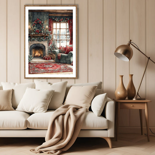 Dette motivet viser en sjarmerende peis dekorert med en krans og julelys, omgitt av røde og grønne detaljer som utstråler tradisjonell juleglede. Illustrasjon viser motivet som plakat med hvit kant i lys ramme.