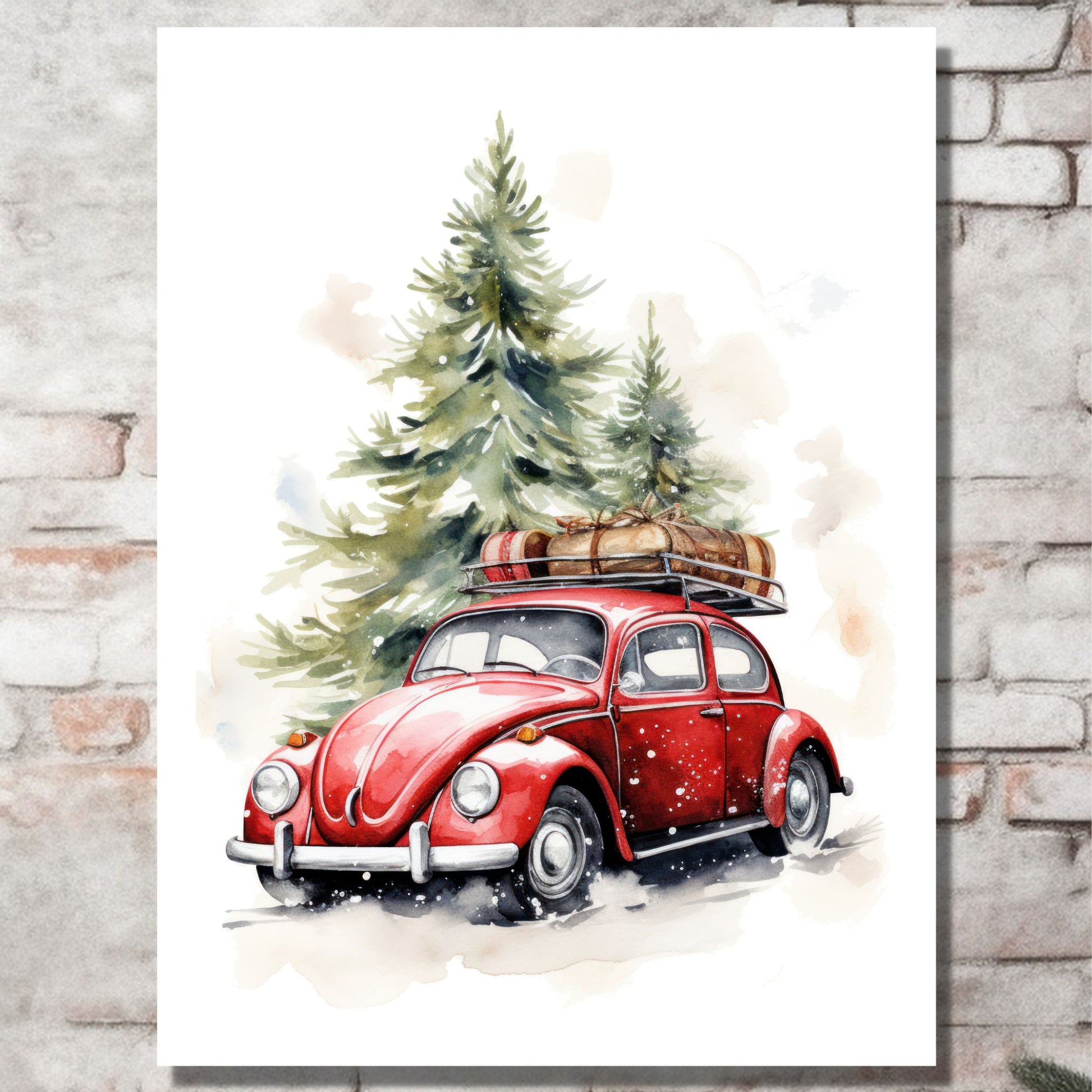 Plakat og lerret med grafisk julemotiv av gammel, rød volkswagen boble. Bilen kjører i en skog, og på taket er den lastet med juledekorasjoner. På bildet henger motivet på lerret på en murvegg.