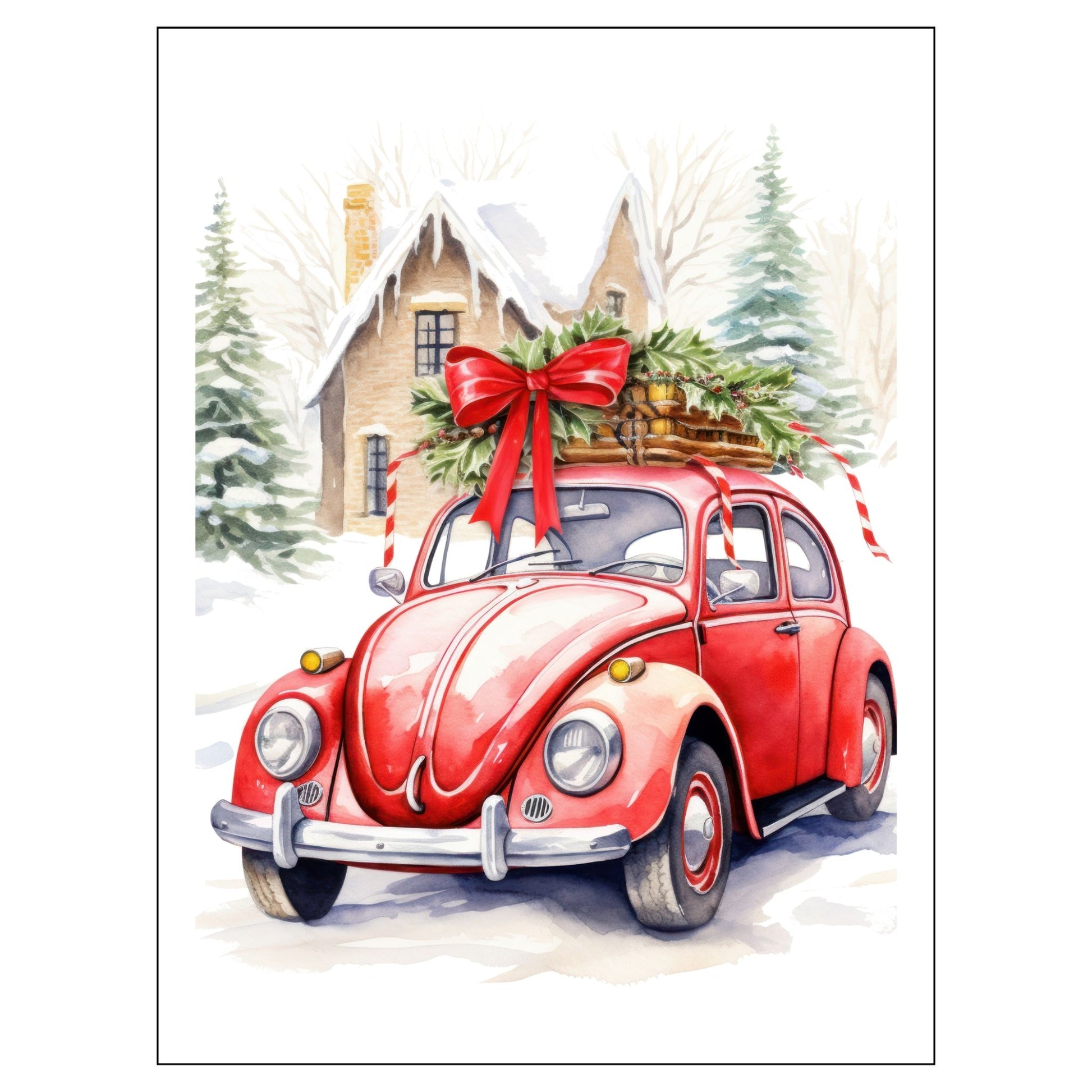 Grafisk julemotiv av gammel, rød volkswagen boble. Bilen står foran et hus, og på taket er den lastet med juledekorasjoner. Motivet trykkes på plakat og lerret. 