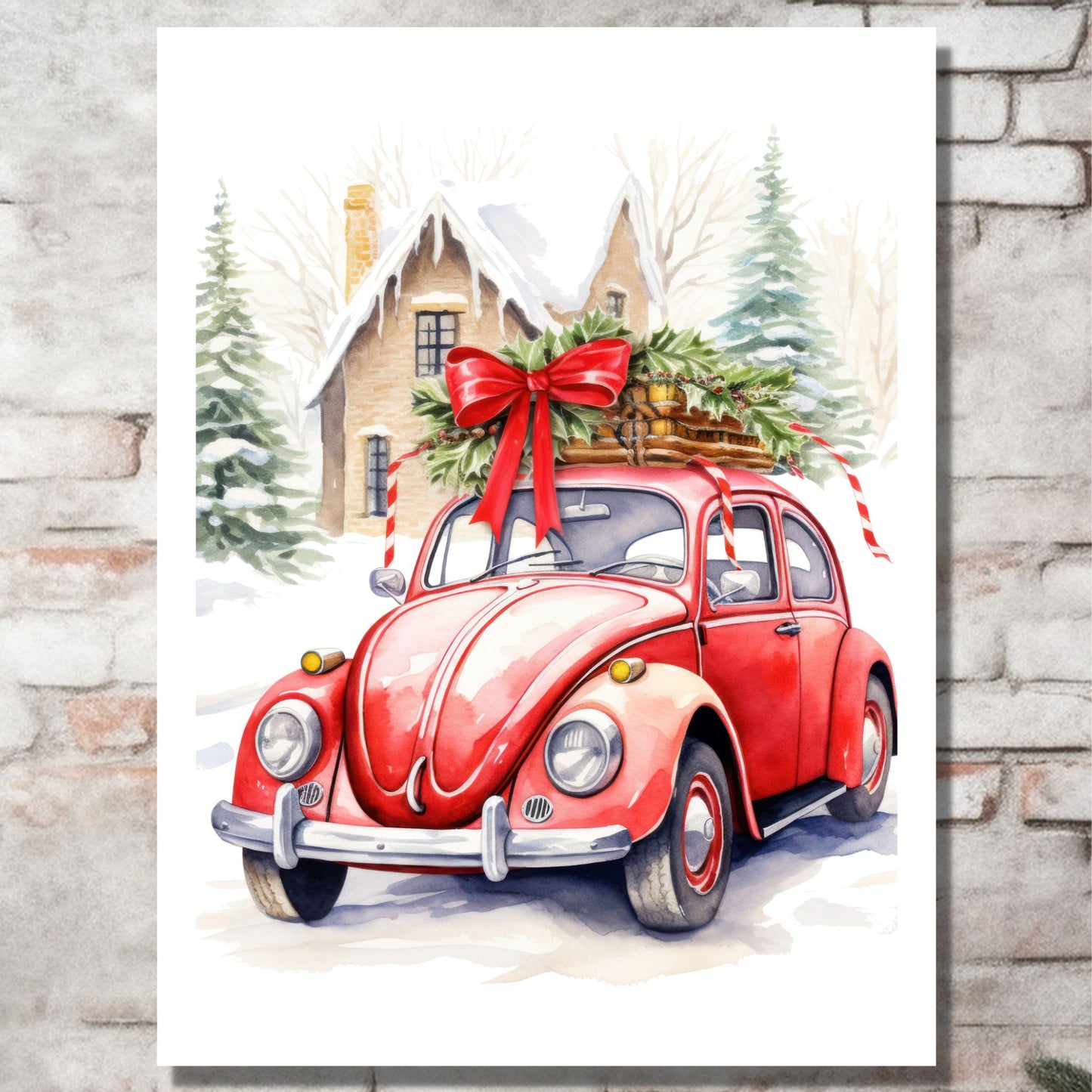 Plakat og lerret med grafisk julemotiv av gammel, rød volkswagen boble. Bilen står foran et hus, og på taket er den lastet med juledekorasjoner. På bildet henger motivet på lerret på en murvegg.