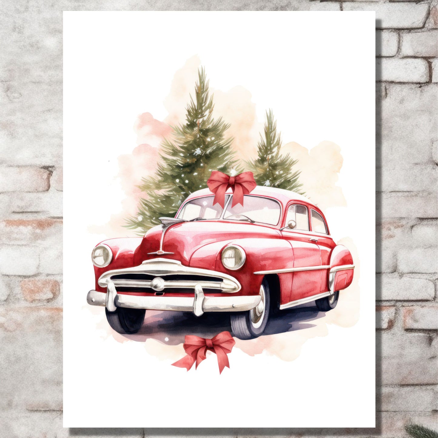 Plakat og lerret med grafisk julemotiv av gammel, rød veteranbil. Bilen kjører i en skog.  På bildet henger motivet på lerret på en murvegg.