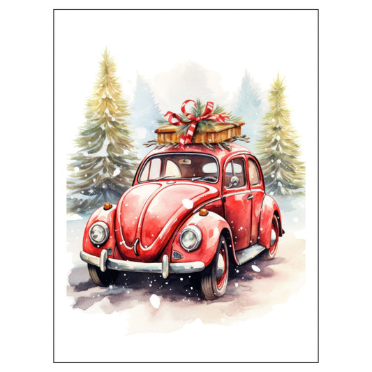 Grafisk julemotiv av gammel, rød volkswagen boble. Bilen kjører i en skog, og på taket er den lastet med juledekorasjoner. Motivet trykkes på plakat og lerret. 