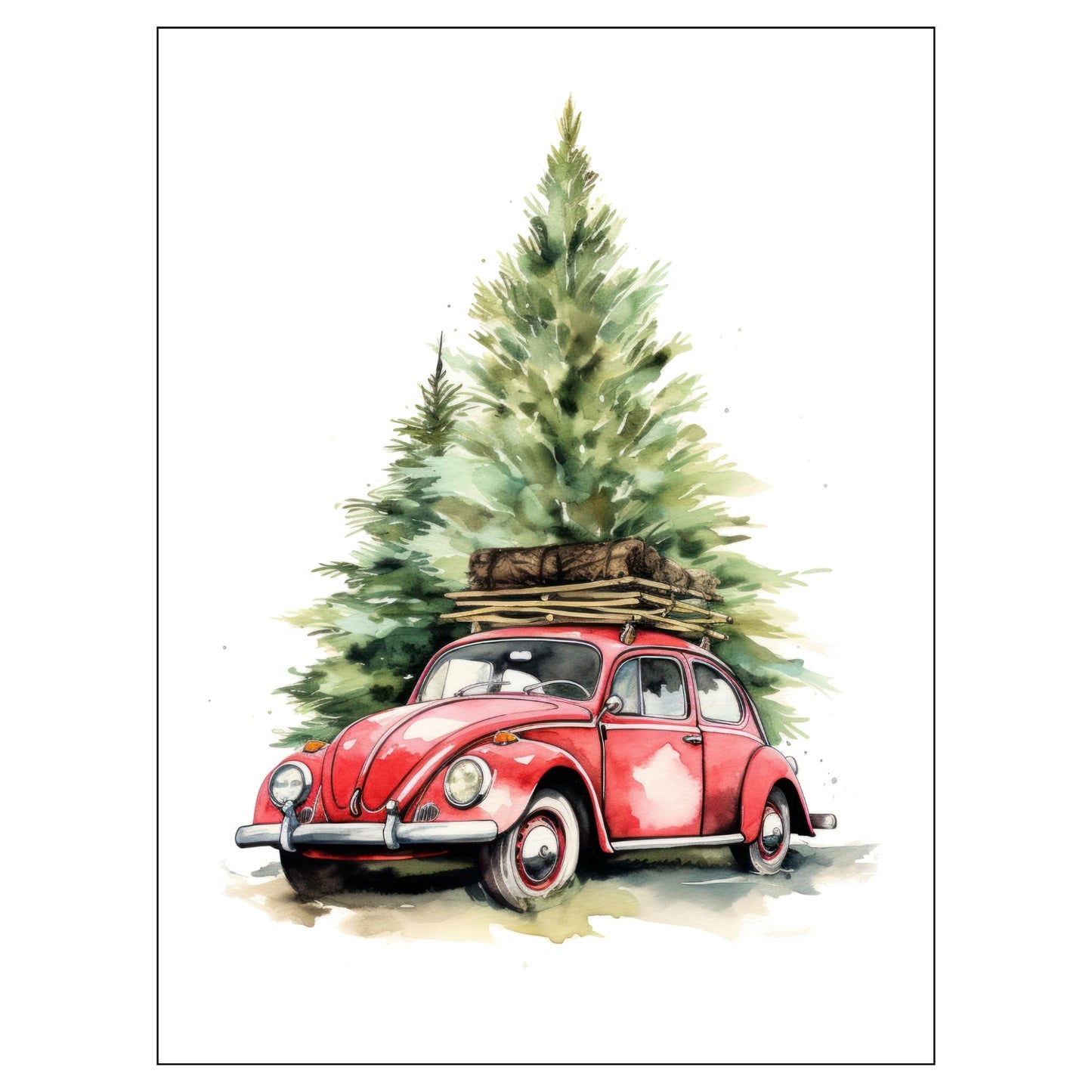 Grafisk julemotiv av gammel, rød volkswagen boble. Bilen kjører i en skog, og på taket er den lastet med juledekorasjoner. Motivet trykkes på plakat og lerret. 