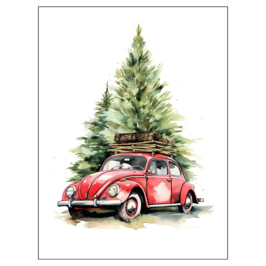 Grafisk julemotiv av gammel, rød volkswagen boble. Bilen kjører i en skog, og på taket er den lastet med juledekorasjoner. Motivet trykkes på plakat og lerret. 