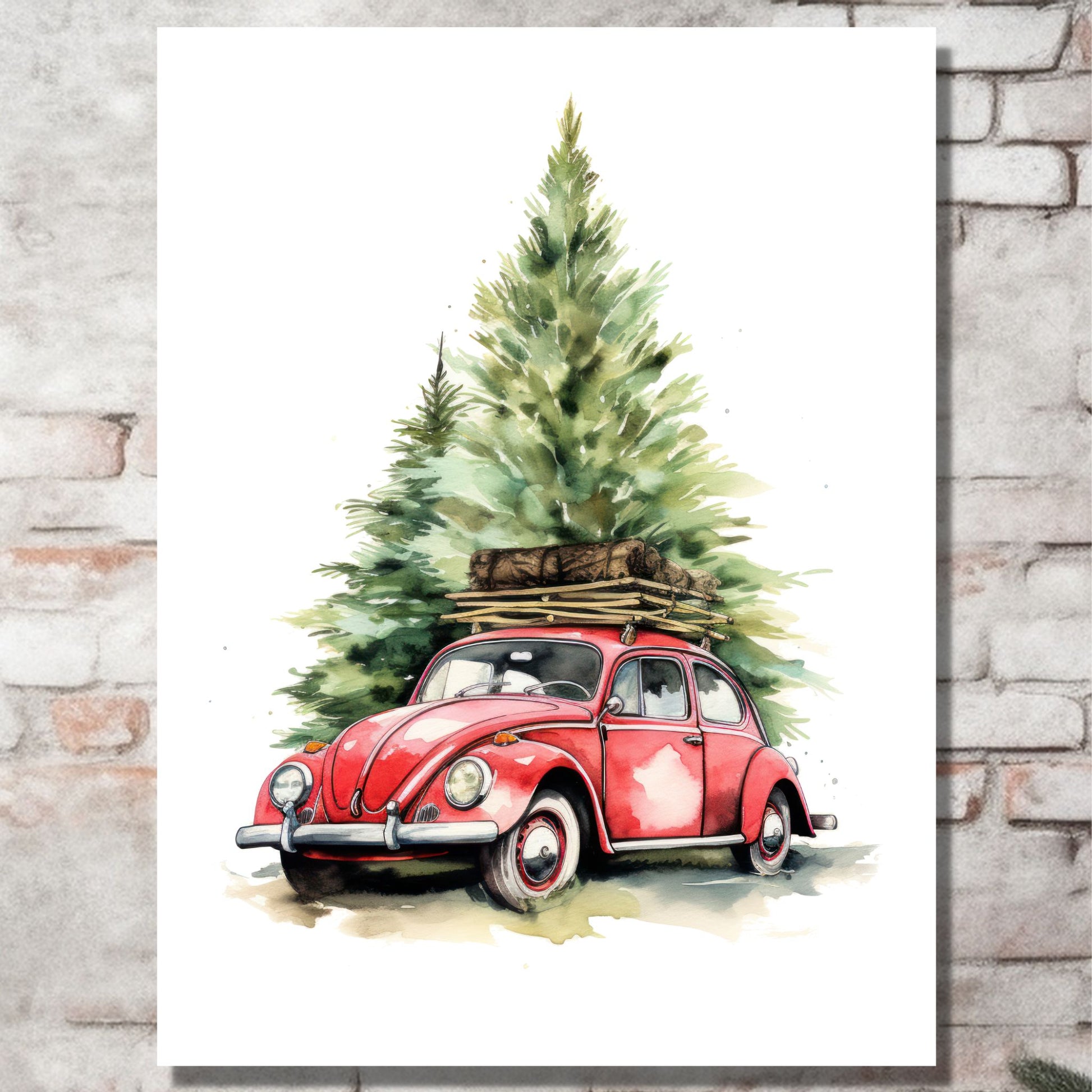 Plakat og lerret med grafisk julemotiv av gammel, rød volkswagen boble. Bilen kjører i en skog, og på taket er den lastet med juledekorasjoner. På bildet henger motivet på lerret på en murvegg.