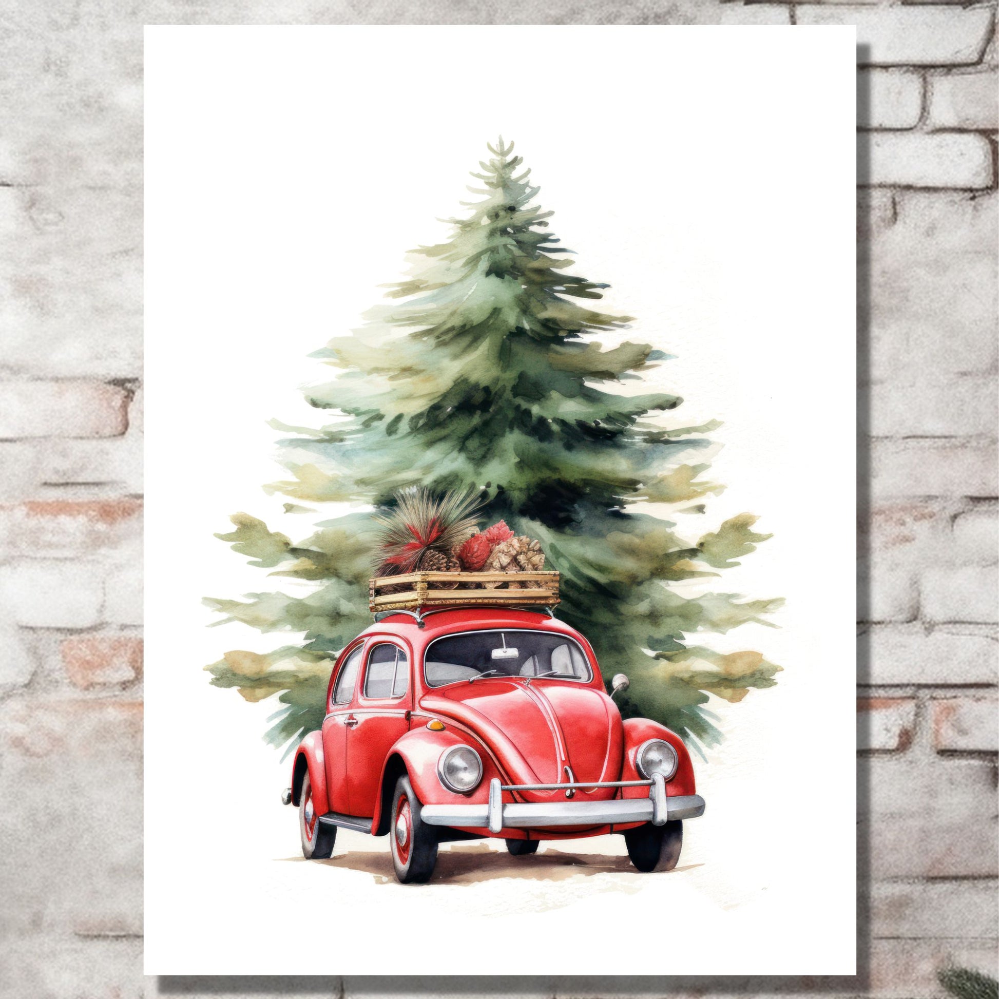 Plakat og lerret med grafisk julemotiv av gammel, rød volkswagen boble. Bilen kjører i en skog, og på taket er den lastet med juledekorasjoner. På bildet henger motivet på lerret på en murvegg.