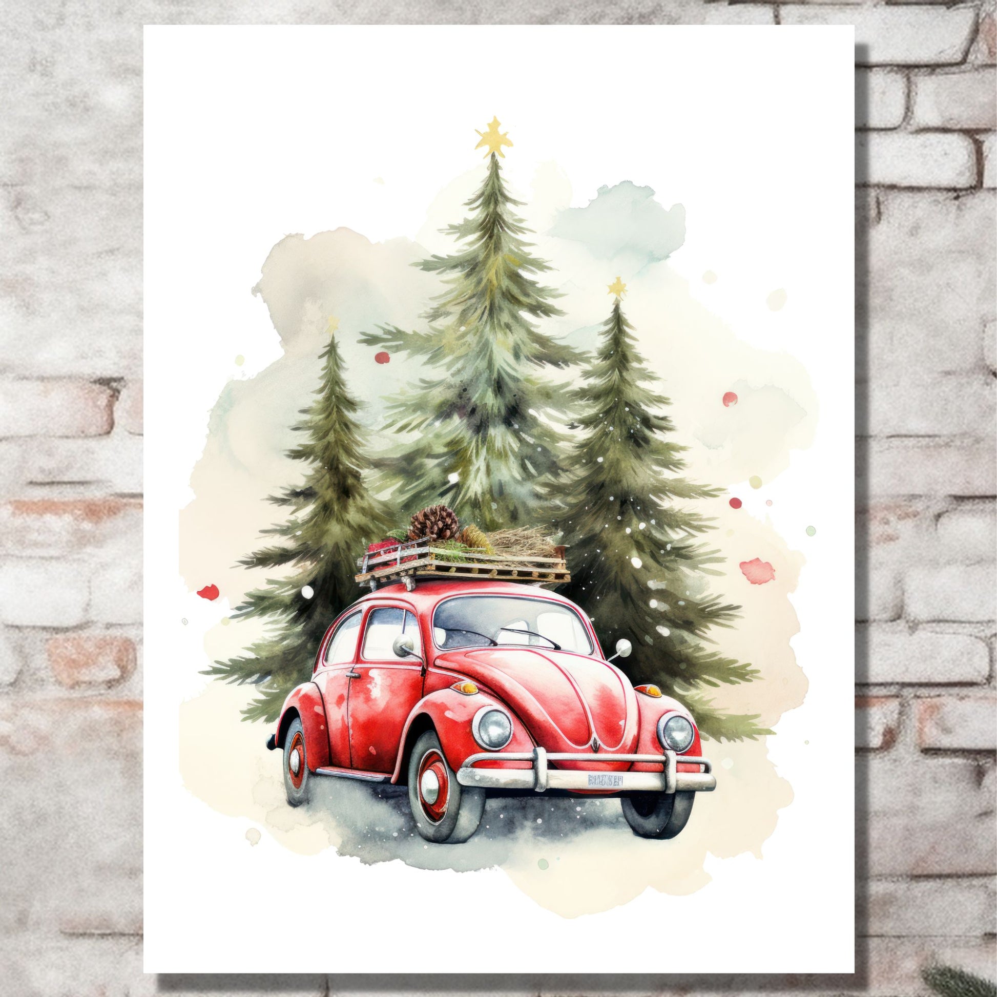 Plakat og lerret med grafisk julemotiv av gammel, rød volkswagen boble. Bilen kjører i en skog, og på taket er den lastet med juledekorasjoner. På bildet henger motivet på lerret på en murvegg.
