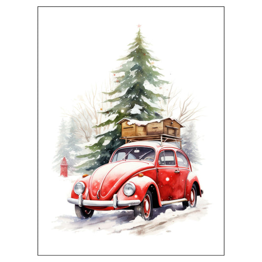 Grafisk julemotiv av gammel, rød volkswagen boble. Bilen kjører i en skog, og på taket er den lastet med trekasser. Motivet trykkes på plakat og lerret. 