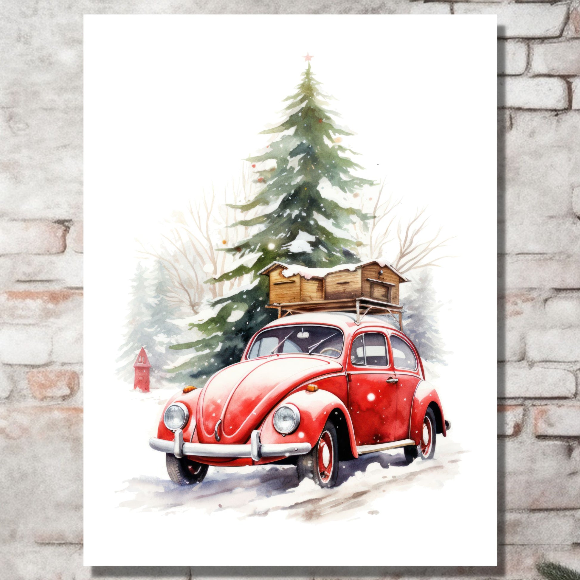 Plakat og lerret med grafisk julemotiv av gammel, rød volkswagen boble. Bilen kjører i en skog, og på taket er den lastet med trekasser. På bildet henger motivet på lerret på en murvegg.