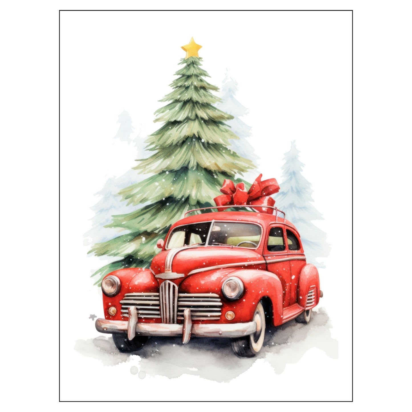 Grafisk julemotiv av gammel, rød veteranbil. Bilen kjører i en skog. Motivet trykkes på plakat og lerret. 