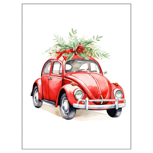 Grafisk julemotiv av gammel, rød volkswagen boble. På taket er den lastet med juledekorasjoner. Motivet trykkes på plakat og lerret. 