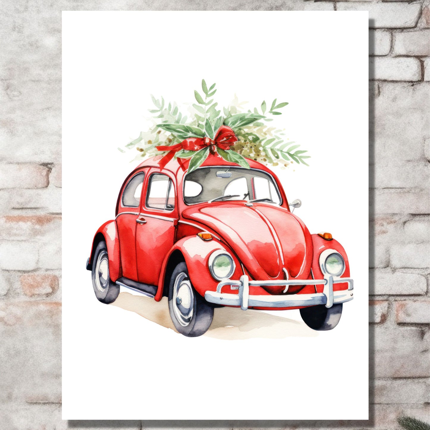 Plakat og lerret med grafisk julemotiv av gammel, rød volkswagen boble. Bilen kjører i en skog, og på taket er den lastet med juledekorasjoner. På bildet henger motivet på lerret på en murvegg.