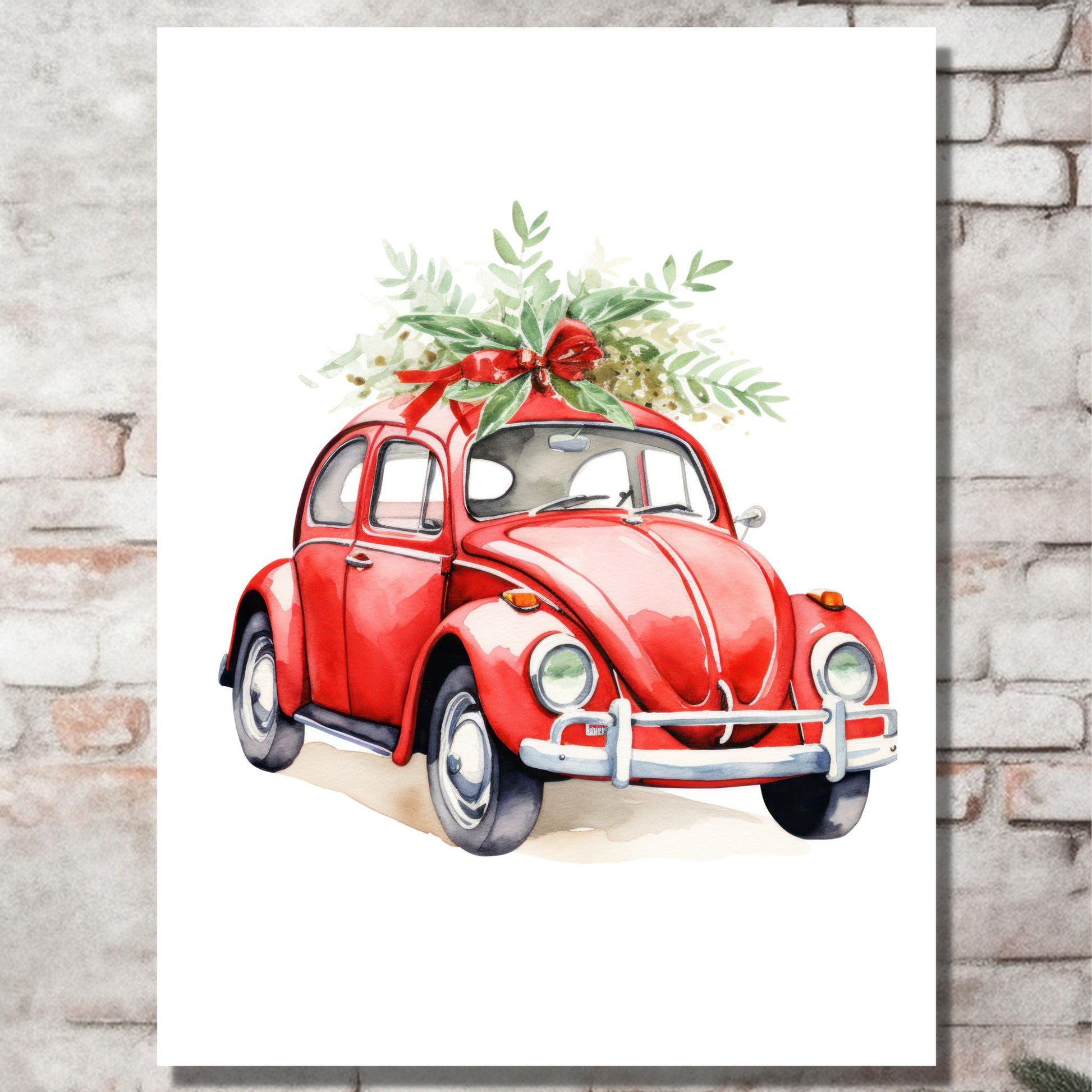 Plakat og lerret med grafisk julemotiv av gammel, rød volkswagen boble. Bilen kjører i en skog, og på taket er den lastet med juledekorasjoner. På bildet henger motivet på lerret på en murvegg.