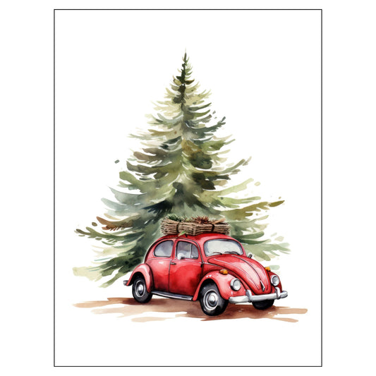 Grafisk julemotiv av gammel, rød volkswagen boble. Bilen kjører i en skog, og på taket er den lastet med trekasser. Motivet trykkes på plakat og lerret. 