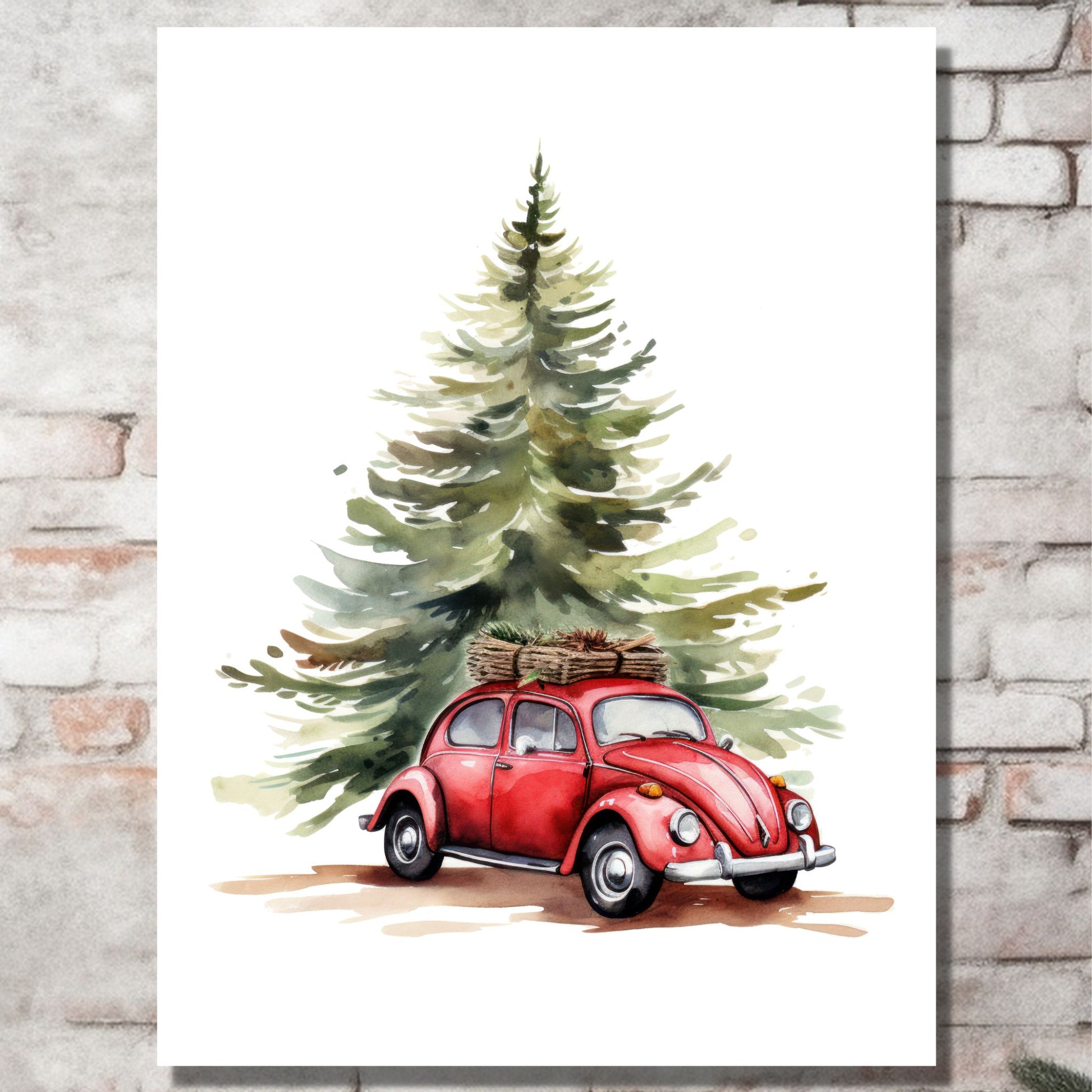 Plakat og lerret med grafisk julemotiv av gammel, rød volkswagen boble. Bilen kjører i en skog, og på taket er den lastet med trekasser. På bildet henger motivet på lerret på en murvegg.