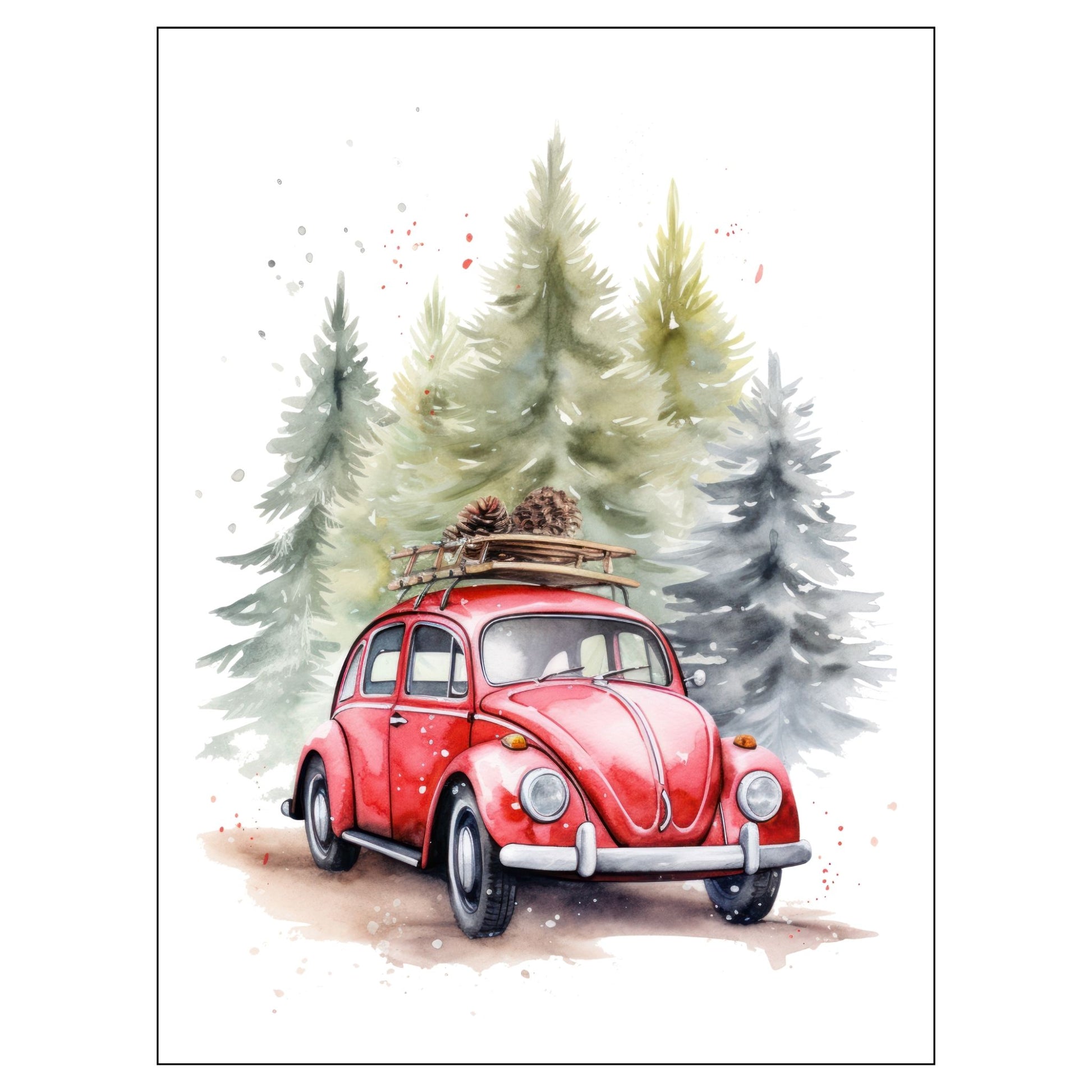 Grafisk julemotiv av gammel, rød volkswagen boble. Bilen kjører i en skog, og på taket er den lastet med furukongler. Motivet trykkes på plakat og lerret. 