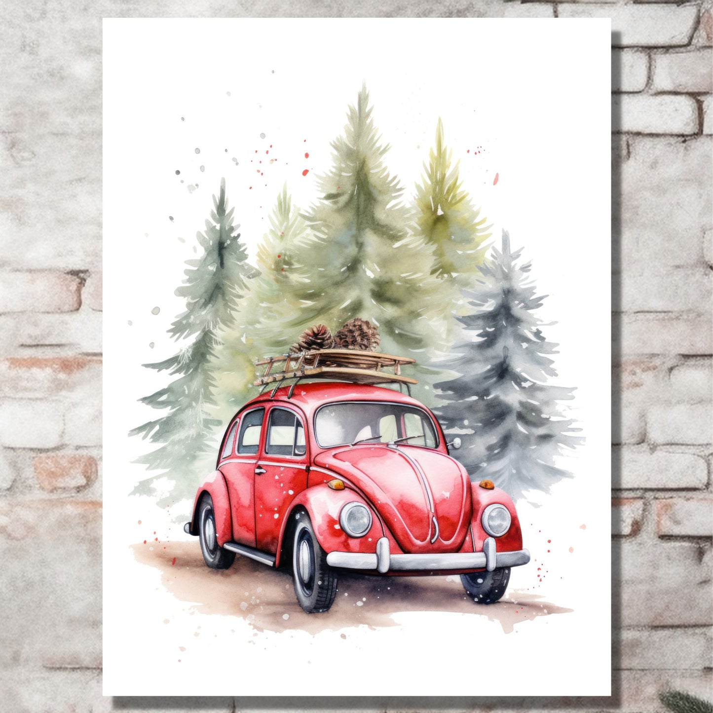 Plakat og lerret med grafisk julemotiv av gammel, rød volkswagen boble. Bilen kjører i en skog, og på taket er den lastet med furukongler. På bildet henger motivet på lerret på en murvegg.