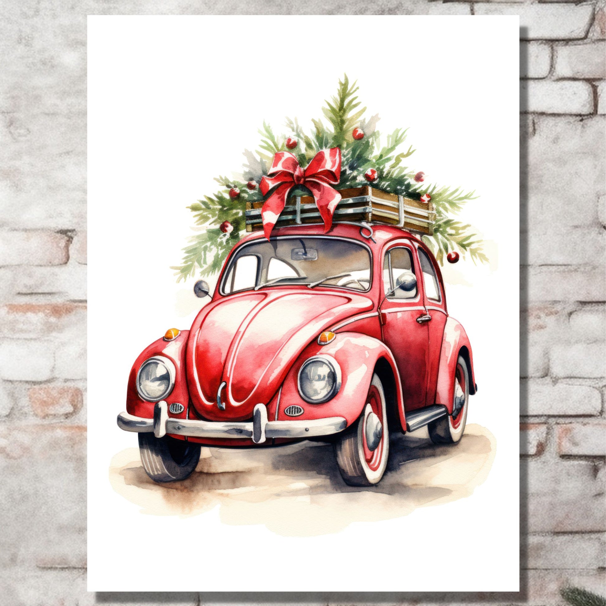 Plakat og lerret med grafisk julemotiv av gammel, rød volkswagen boble. Bilen kjører i en skog, og på taket er den lastet med juledekorasjoner. På bildet henger motivet på lerret på en murvegg.