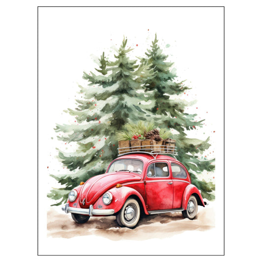 Grafisk julemotiv av gammel, rød volkswagen boble. Bilen kjører i en skog, og på taket er den lastet med juledekorasjoner. Motivet trykkes på plakat og lerret. 