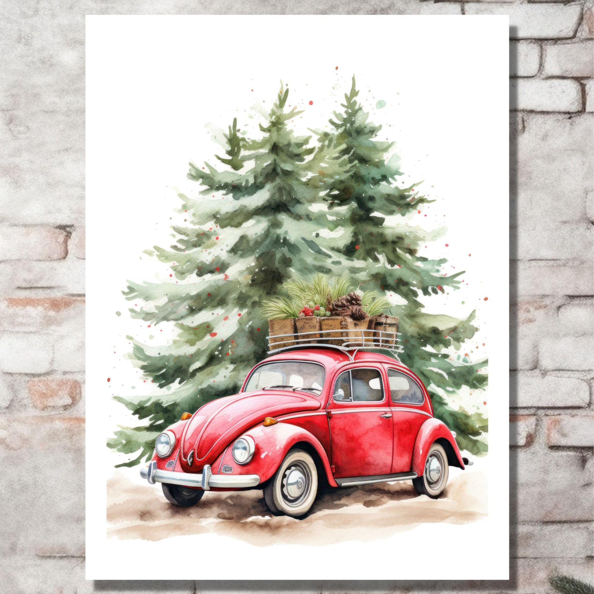 Plakat og lerret med grafisk julemotiv av gammel, rød volkswagen boble. Bilen kjører i en skog, og på taket er den lastet med juledekorasjoner. På bildet henger motivet på lerret på en murvegg.