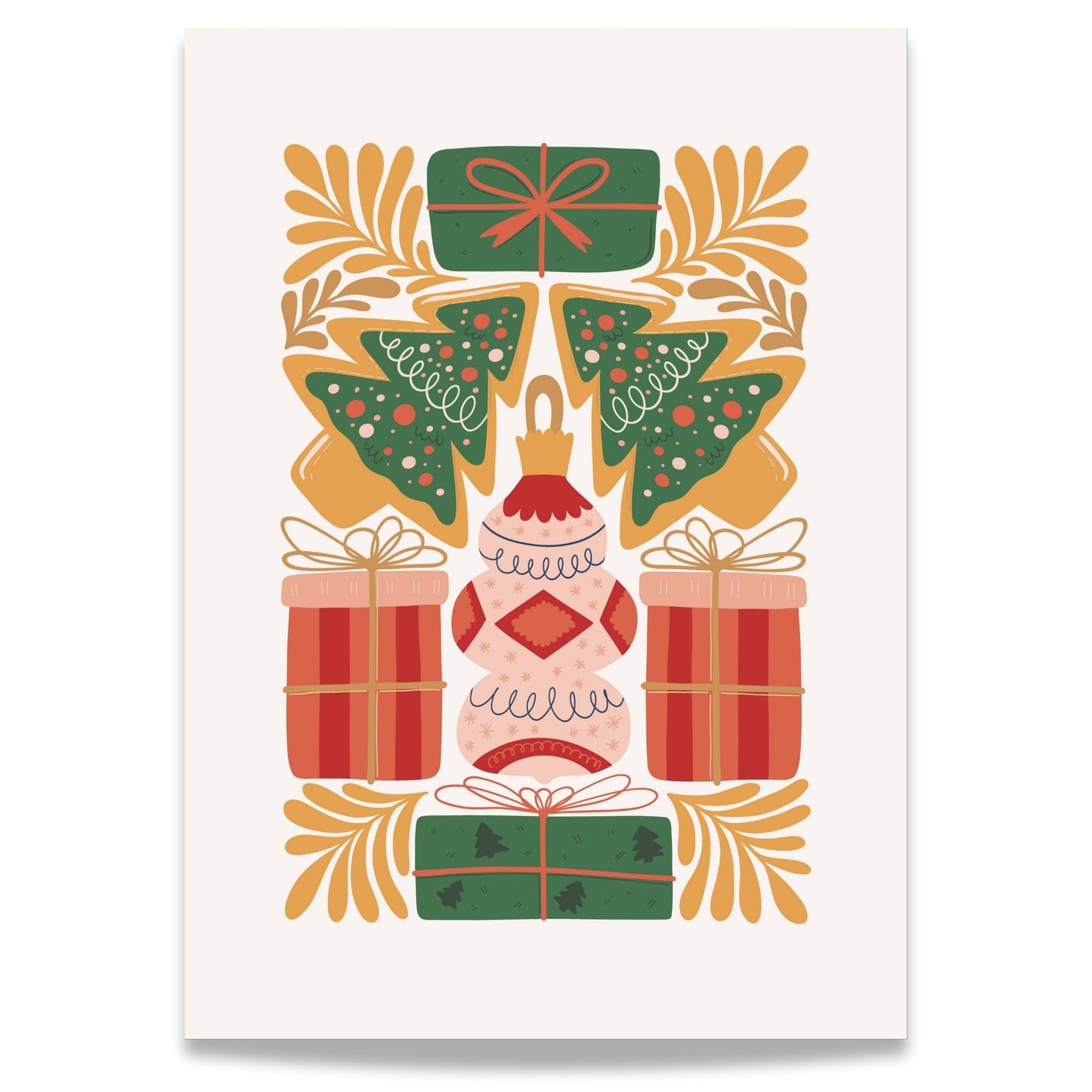 Denne sjarmerende plakaten er dekorert med gaver, juletrær og ornamenter i tradisjonelle julefarger som gir den perfekte atmosfæren for adventstiden og julefeiringen.