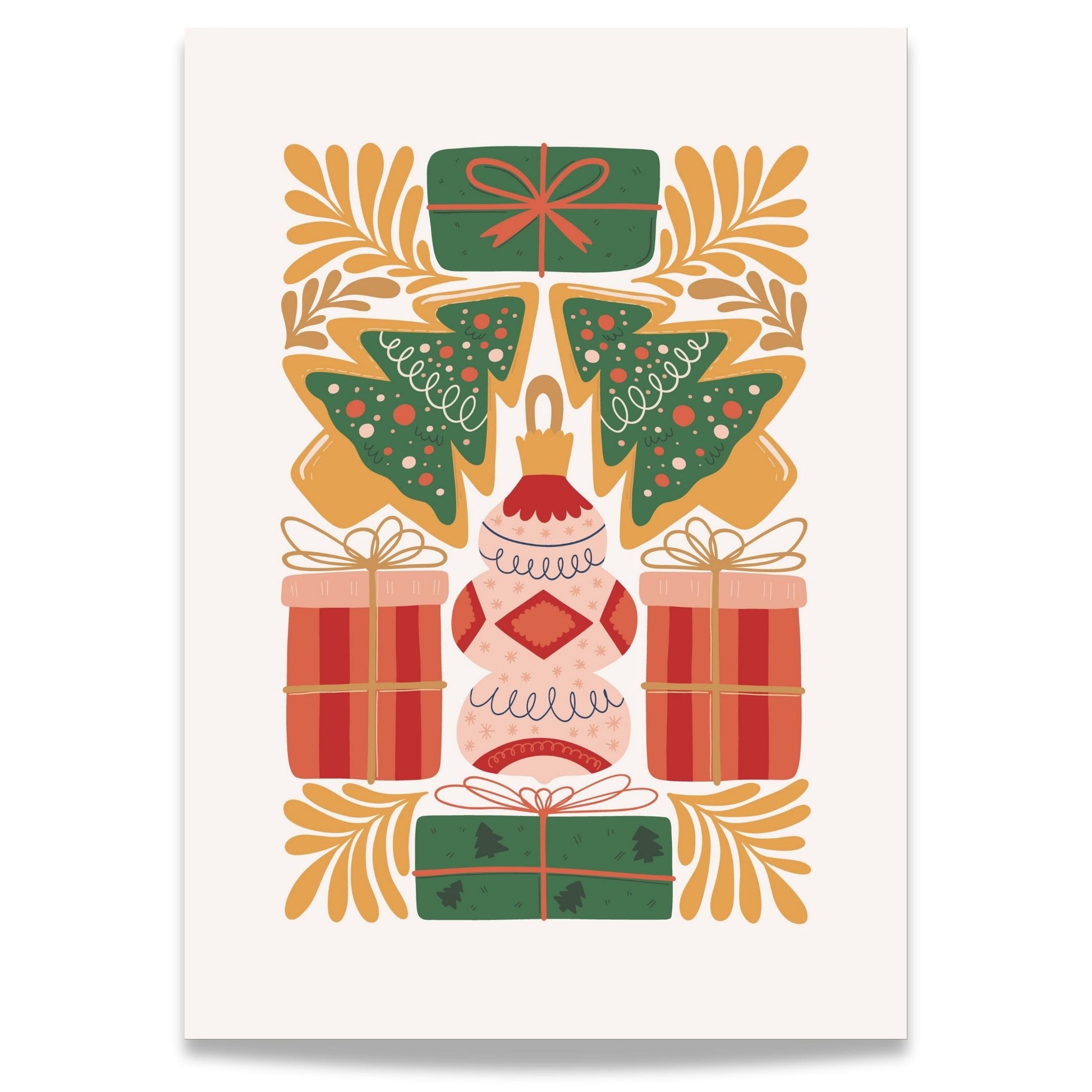 Denne sjarmerende plakaten er dekorert med gaver, juletrær og ornamenter i tradisjonelle julefarger som gir den perfekte atmosfæren for adventstiden og julefeiringen.