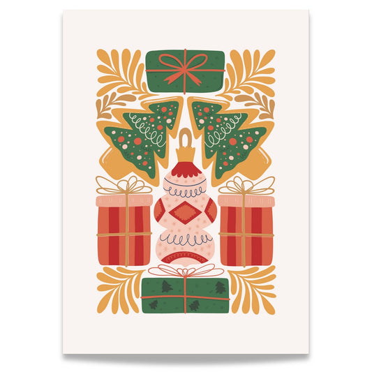 Denne sjarmerende plakaten er dekorert med gaver, juletrær og ornamenter i tradisjonelle julefarger som gir den perfekte atmosfæren for adventstiden og julefeiringen.