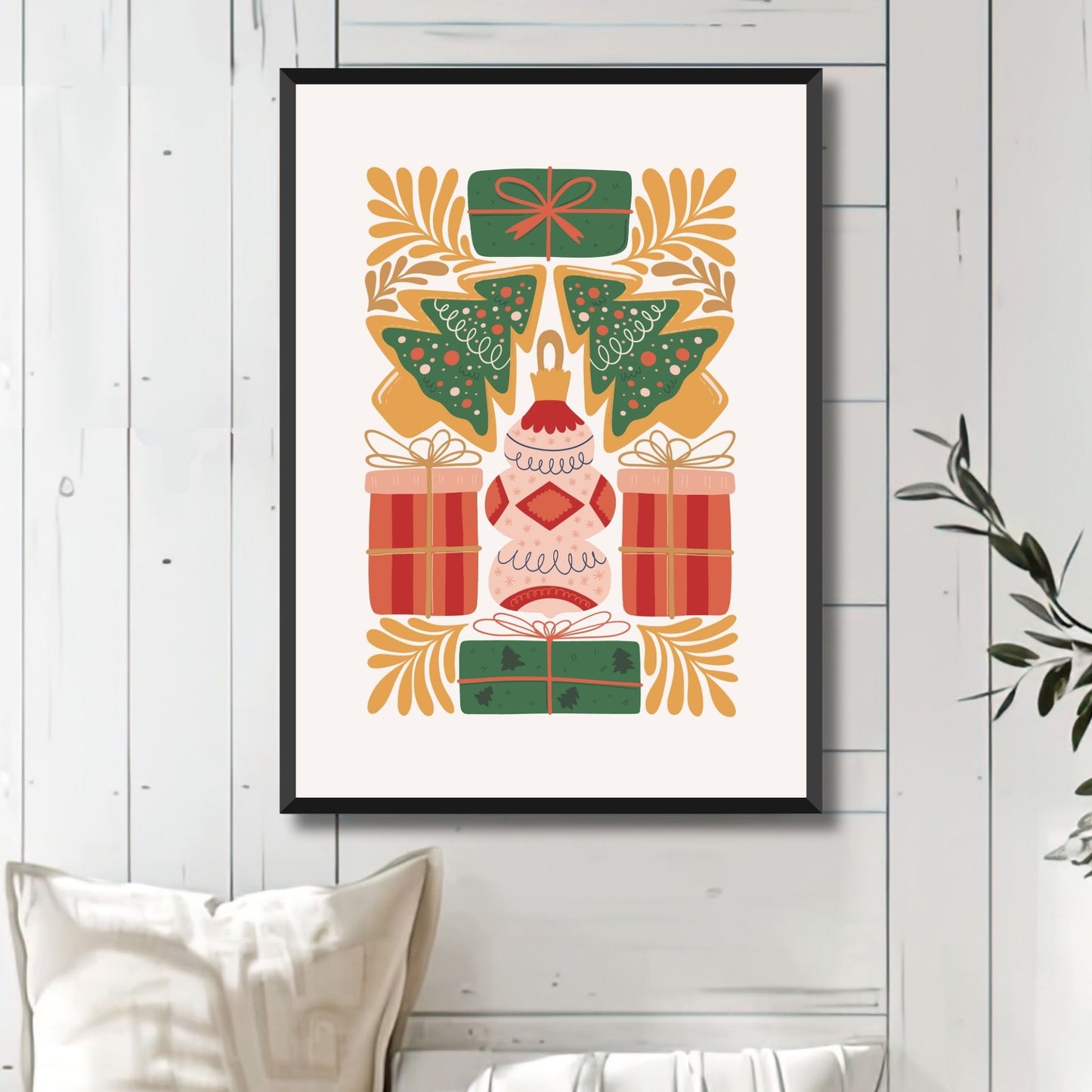 Denne sjarmerende plakaten er dekorert med gaver, juletrær og ornamenter i tradisjonelle julefarger som gir den perfekte atmosfæren for adventstiden og julefeiringen. Illustrasjonsfoto viser plakat i sort ramme.
